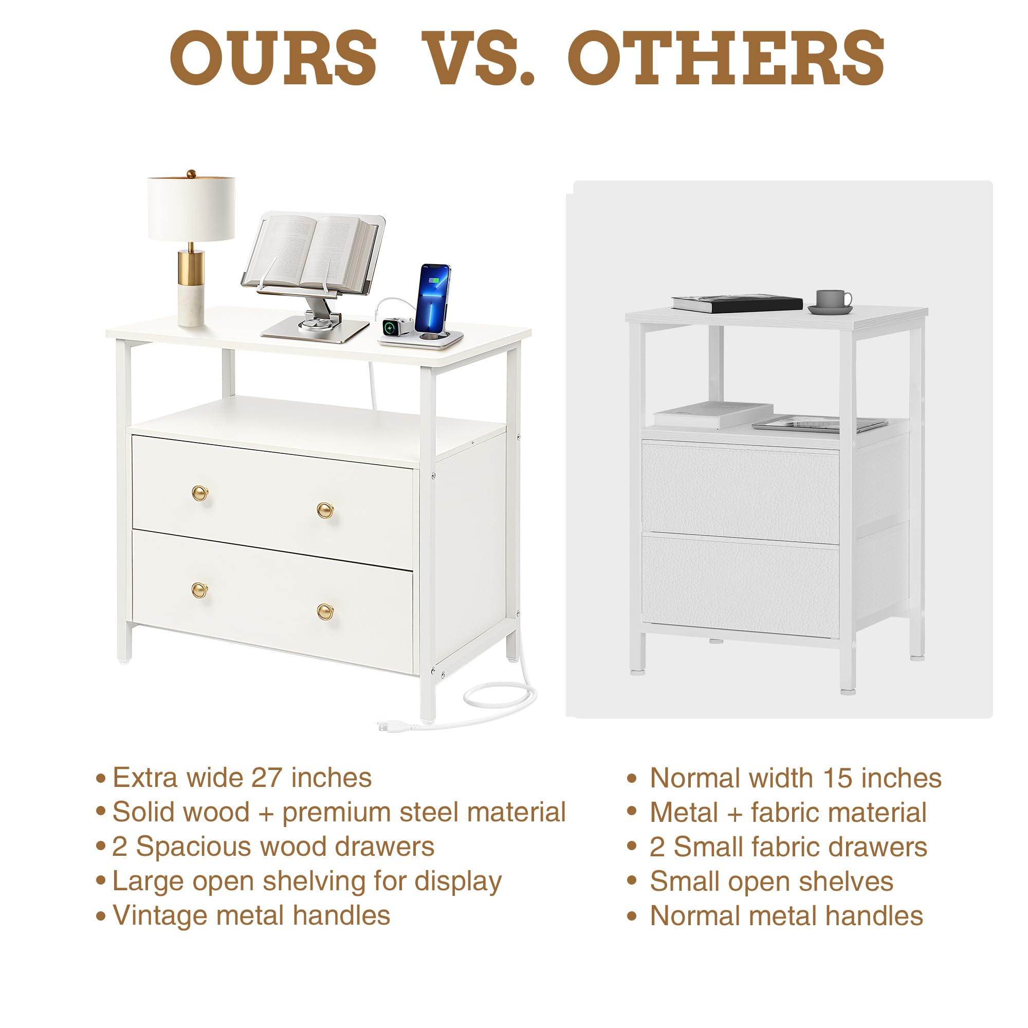 27 Inch Wide Nightstand with USB Charging Station - Modern Bedside Table with Open Shelf & 2 Drawers - Small Wood Dresser for Bedroom - White End Side Table for Home Decor & Phone Charging