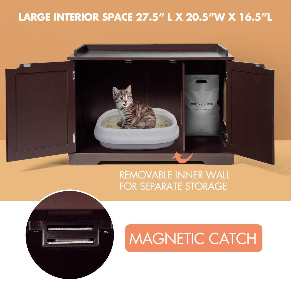 Tangkula Cat Litter Box Enclosure Furniture - Hidden Double Door Nightstand Pet House with Storage, Indoor Decorative Cabinet for Large Cats - Perfect for Living Room, Bedroom & Small Space Homes