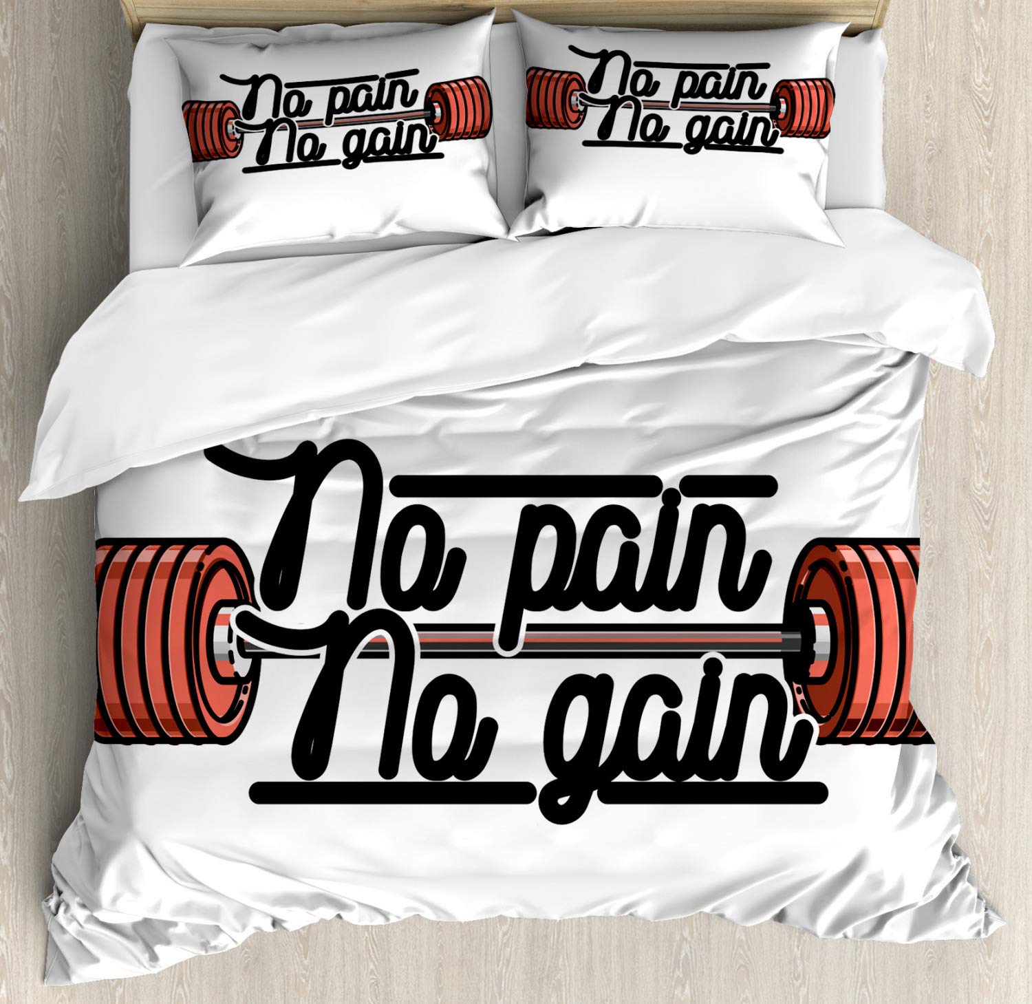 Ambesonne Fitness Duvet Cover Set - Vintage No Pain No Gain Weightlifting Design with Barbells & Bodybuilding Motif - 3 Piece Bedding Set Includes Duvet Cover & 2 Pillow Shams - California King Size in Coral & Black - Perfect for Gym Enthusiasts' Bedrooms & Athletic-Themed Decor