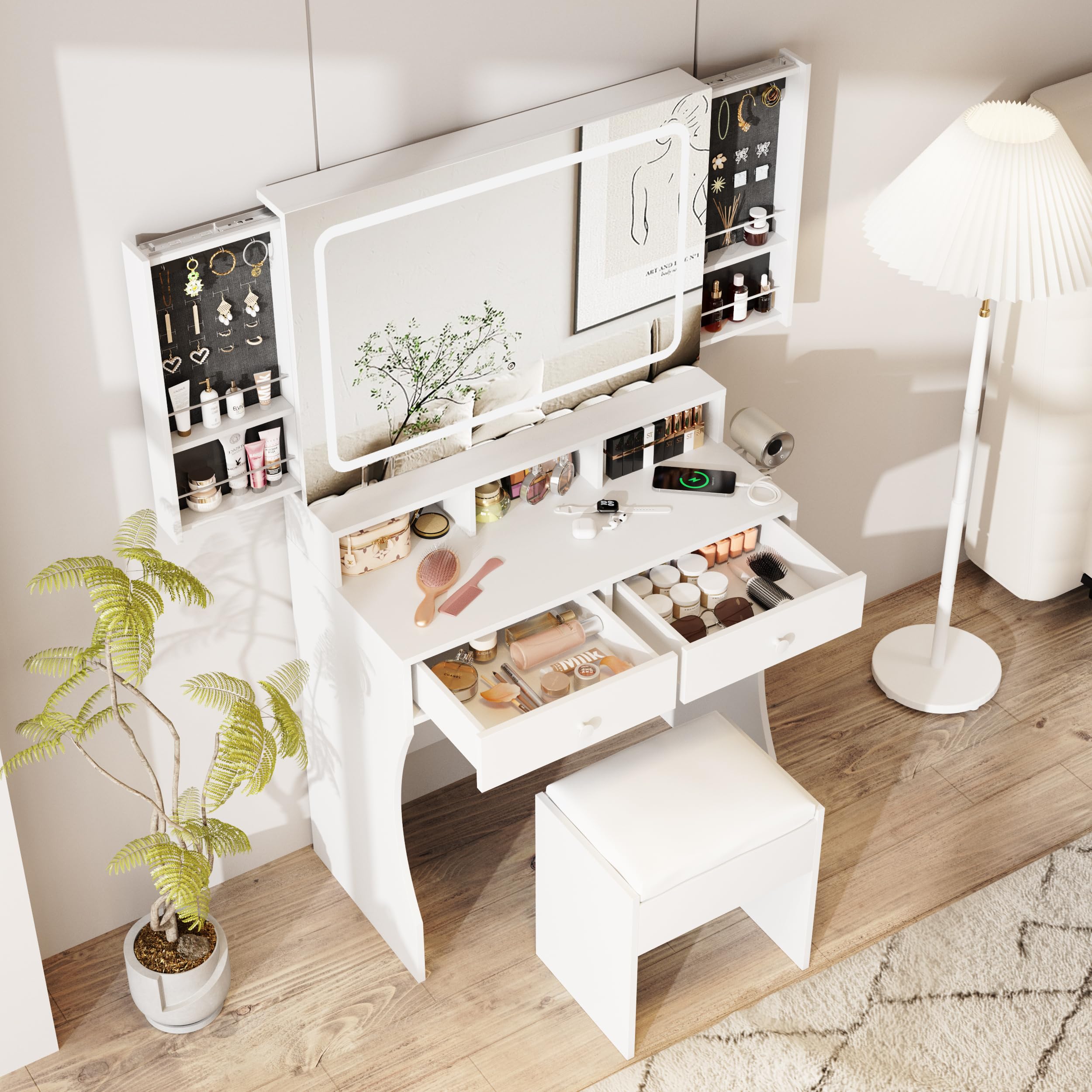 White Vanity Desk with Mirror & LED Lights - Makeup Dressing Table with Charging Station, Sliding Jewelry Storage & 3 Lighting Modes - Includes Stool & 2 Large Drawers - Perfect for Women & Girls Bedroom, Makeup Room or Dressing Area