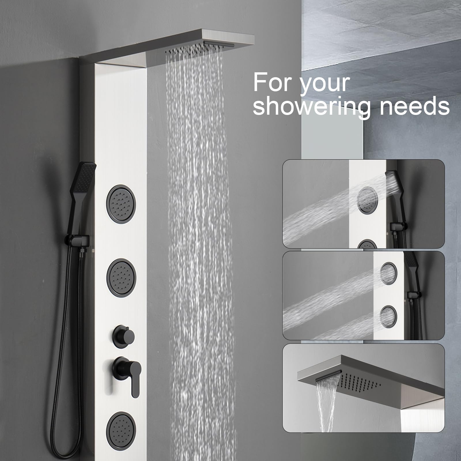 Homevacious 5-in-1 Shower Panel Tower System with Rainfall Shower Head, 3 Body Jets, Handheld Shower & Tub Spout - Modern Brushed Nickel Massage Shower System for Spa-Like Bathroom Experience
