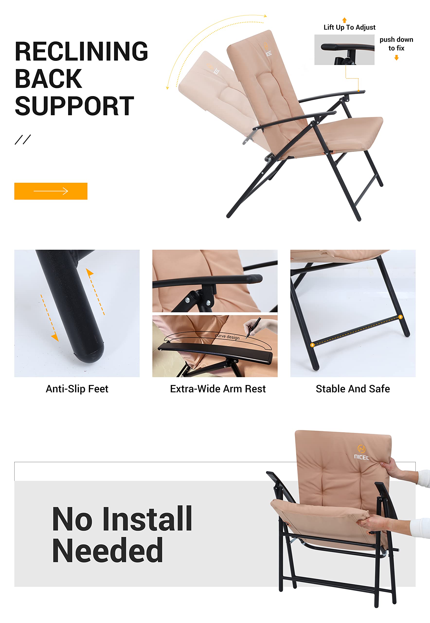Outdoor Patio Bistro Set with Glass Table & 2 Folding Chairs - 3 Piece Nude Color Garden Furniture for Balcony, Deck or Backyard Dining