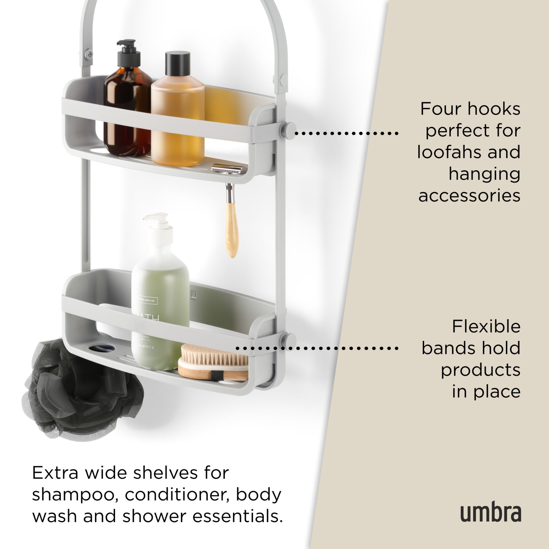 Flexible Shower Caddy - Rustproof Bathroom Organizer with Adjustable Hooks for Shampoo, Soap & Accessories - Perfect for Small Spaces, Dorm Rooms & Apartment Showers