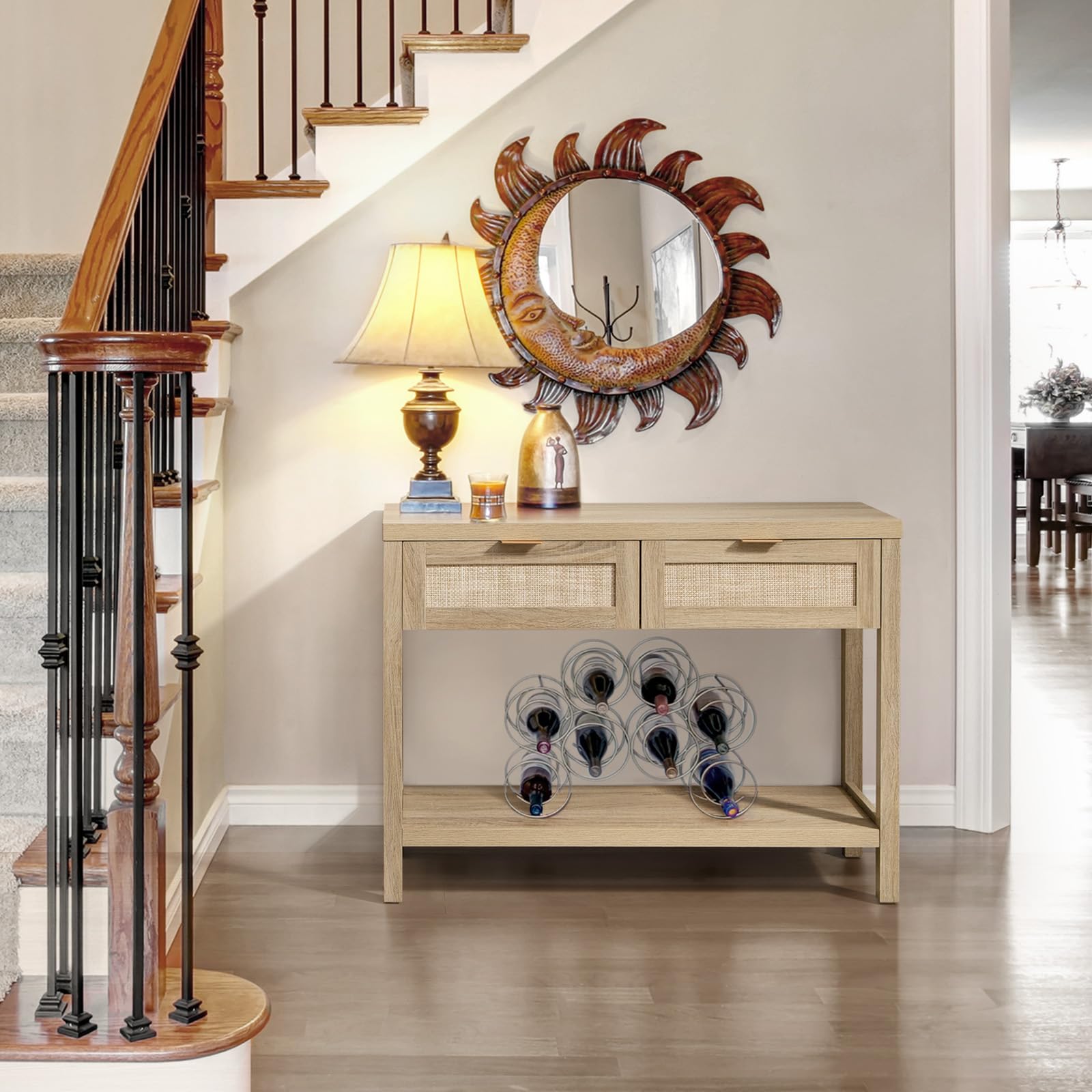 SICOTAS Rattan Console Table with Storage Drawers - Boho Entryway Sofa Table for Hallway, Living Room, Behind Couch | Small Entry Table with Shelf & Organizer for Home Decor