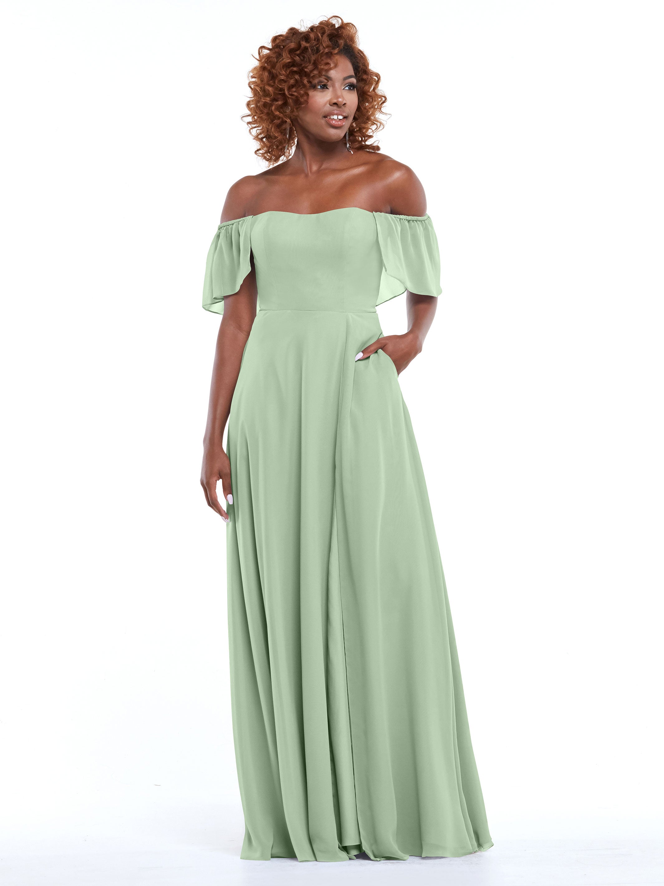 Elegant A-Line Off-The-Shoulder Chiffon Bridesmaid Dress with Pockets - 80168 | Perfect for Weddings, Formal Events & Special Occasions