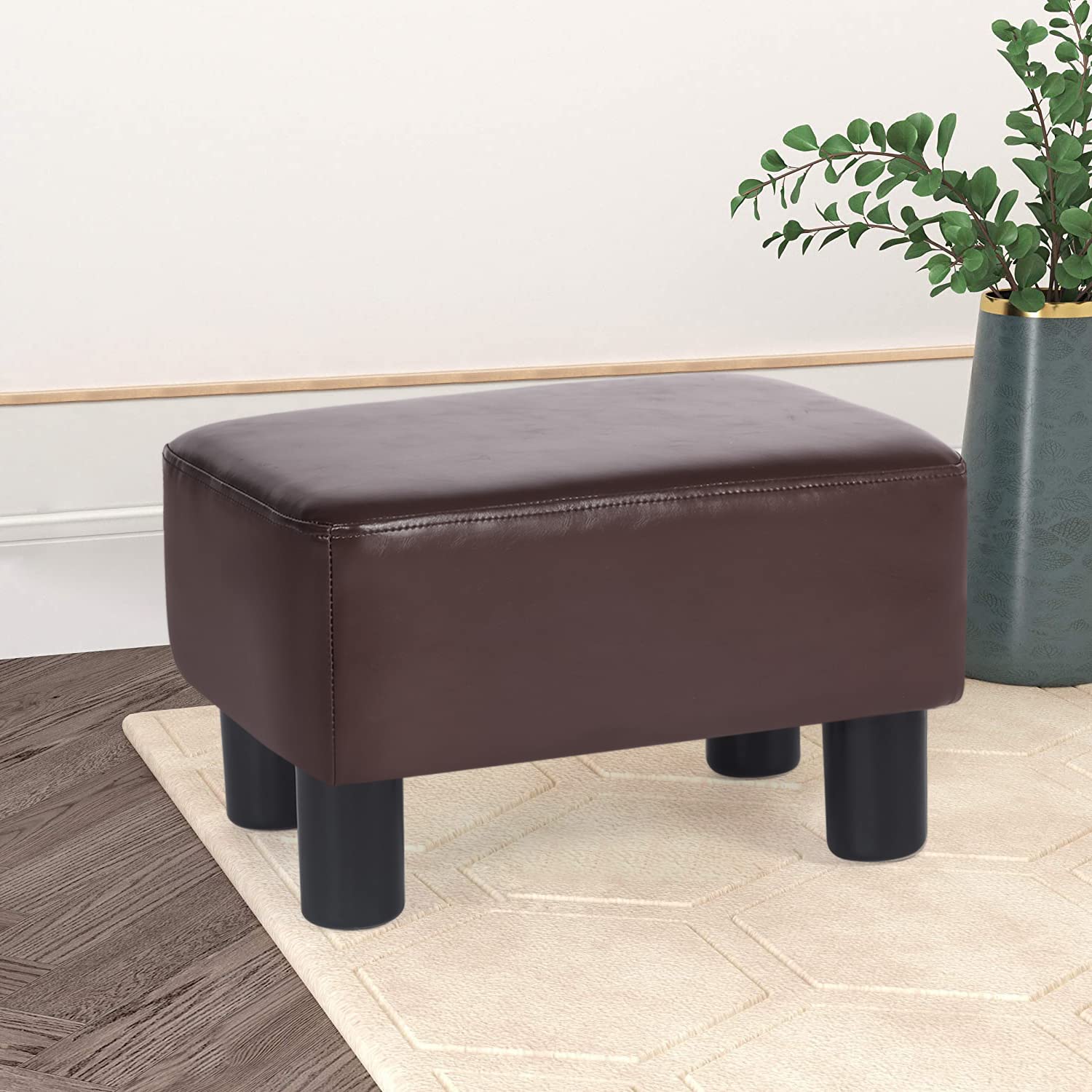 Joveco Small Footstool Ottoman Footrest - Modern Rectangular Padded Seat with Brown PU Leather for Living Room, Bedroom - Perfect for Relaxing, Reading & Extra Seating