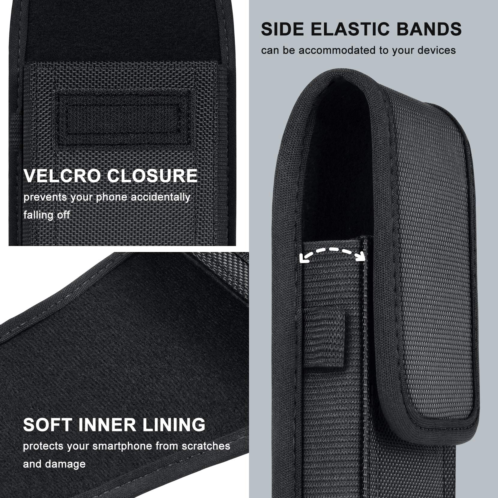 YKOOE Nylon Belt Holster Phone Pouch - Compatible with iPhone 16/15/14/13/12/11 Pro Max & Samsung Galaxy S20/S21/S22/S23/S24 - Durable Waist Cell Phone Case for Hiking, Running, Construction & Outdoor Activities (Black)