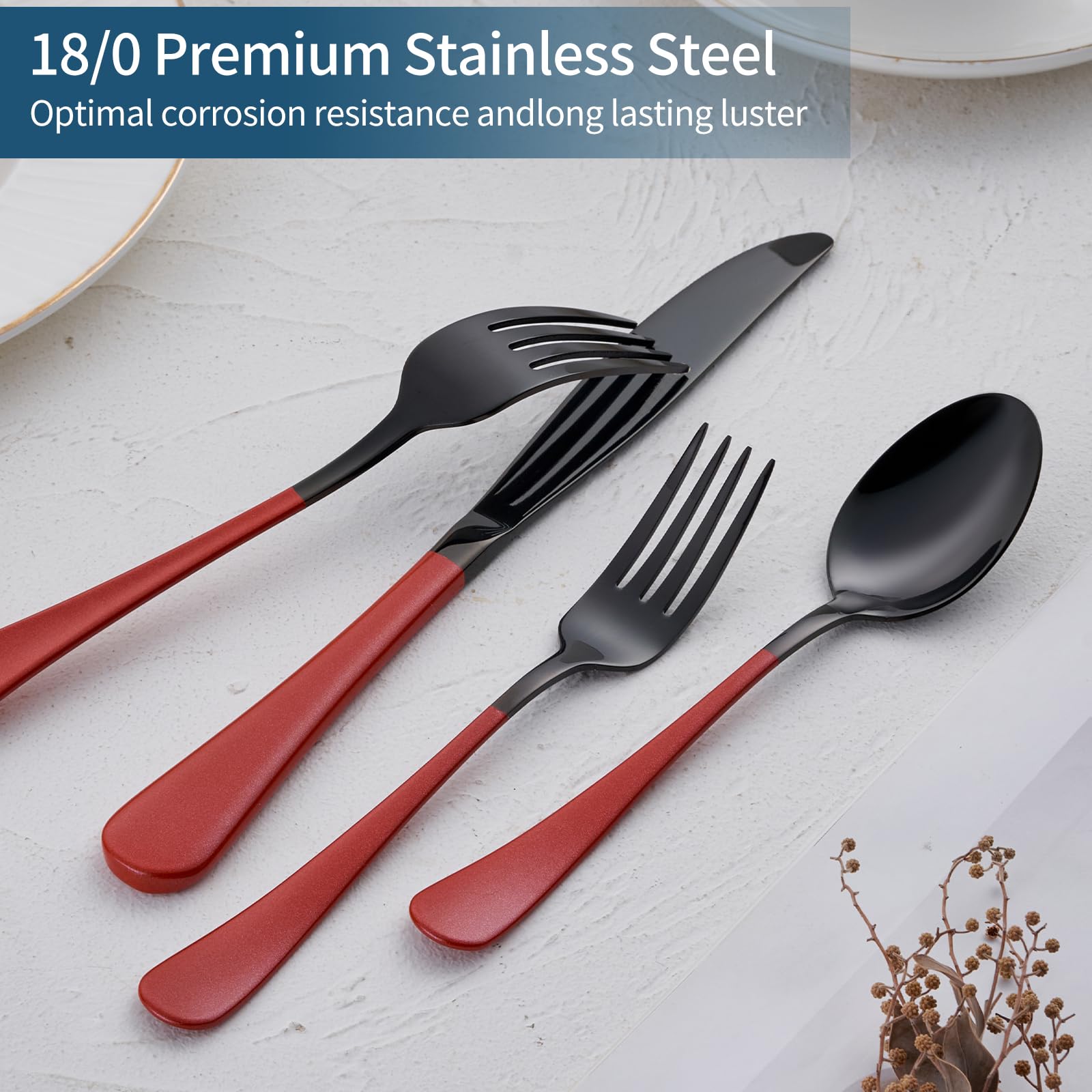 20-Piece Stainless Steel Flatware Set - 18/0 Grade, Red Handle Cutlery with Black Finish, Service for 4 (Knives, Forks, Spoons) - Dishwasher Safe - Perfect for Dinner Parties, Weddings, and Everyday Dining