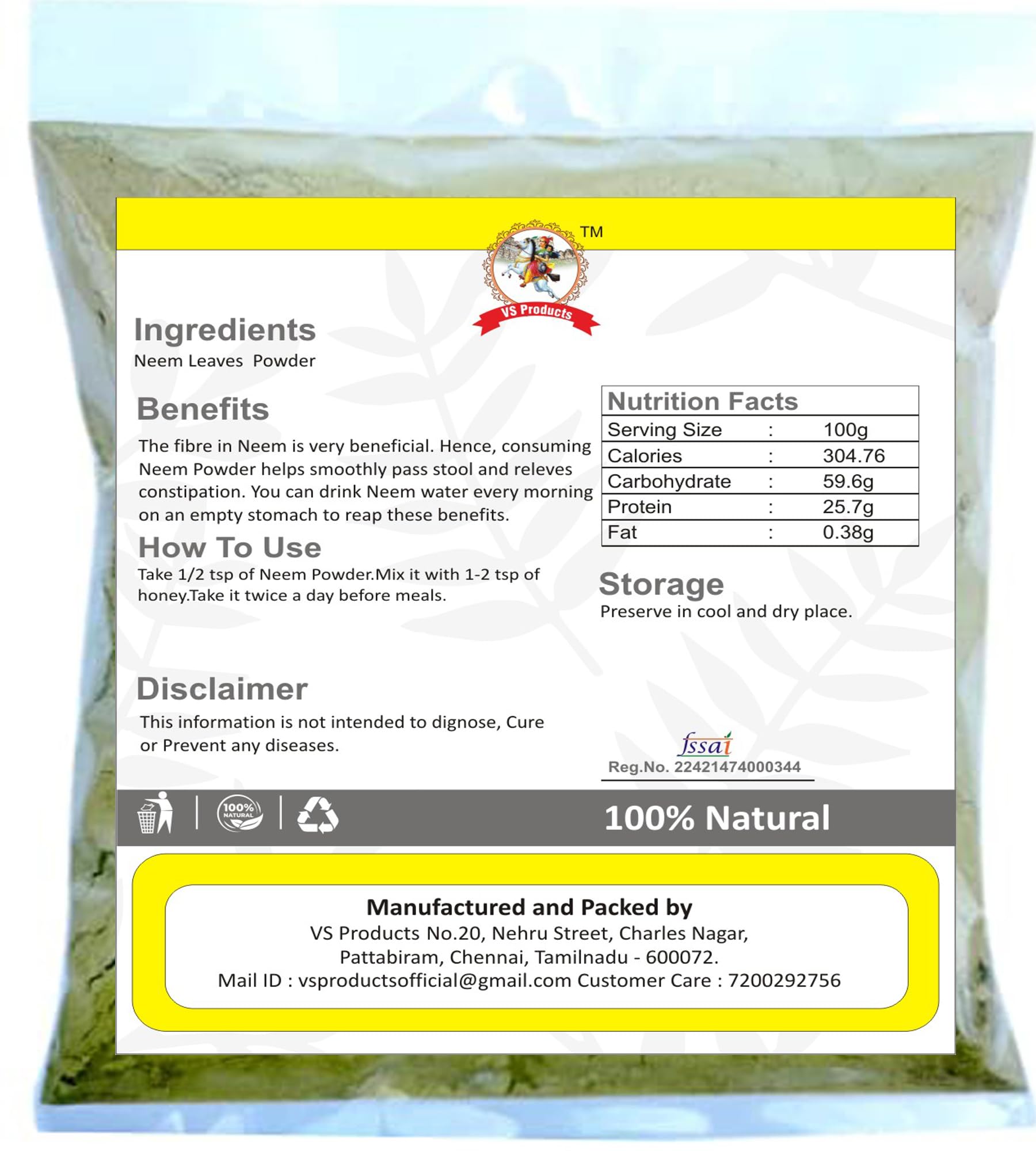 Organic Neem Leaves Powder 50g | Pure Vembu Powder for Skin Care, Hair Growth & Health Benefits | Natural Ayurvedic Remedy for Acne, Dandruff & Immunity Boost | Pack of 1 | Perfect for DIY Beauty & Wellness Recipes