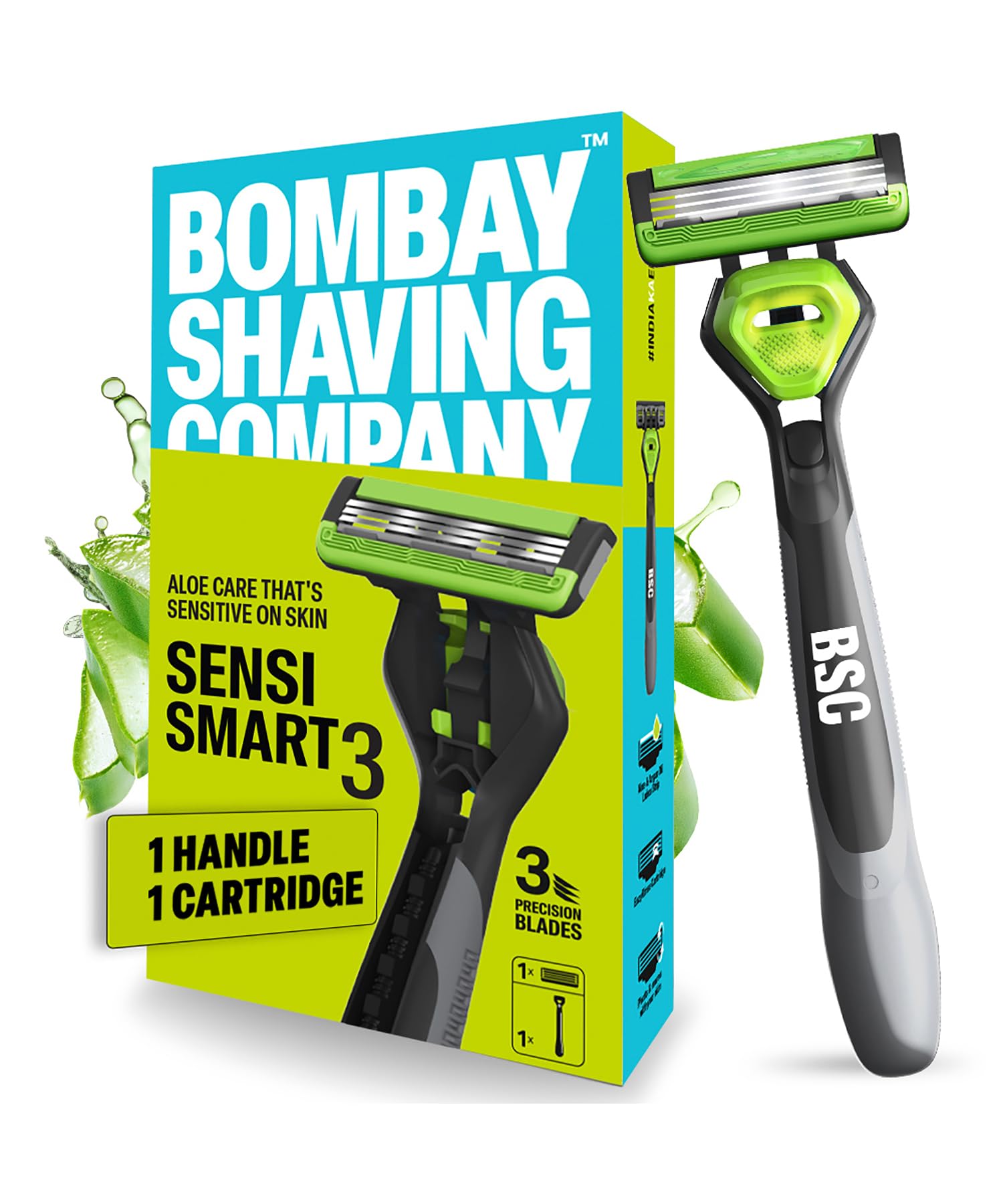 Bombay Shaving Company Sensi Smart 3 Razor for Men - Aloe Vera & Argan Oil Lubricating Strip with Pivot Head for Smooth Shaving | Perfect for Sensitive Skin & Travel Shaving Kit