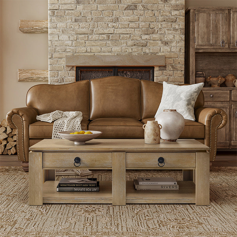 Modern Farmhouse Coffee Table with Solid Wood Legs - Rustic Chic Living Room Centerpiece for Home Decor & Cozy Gatherings