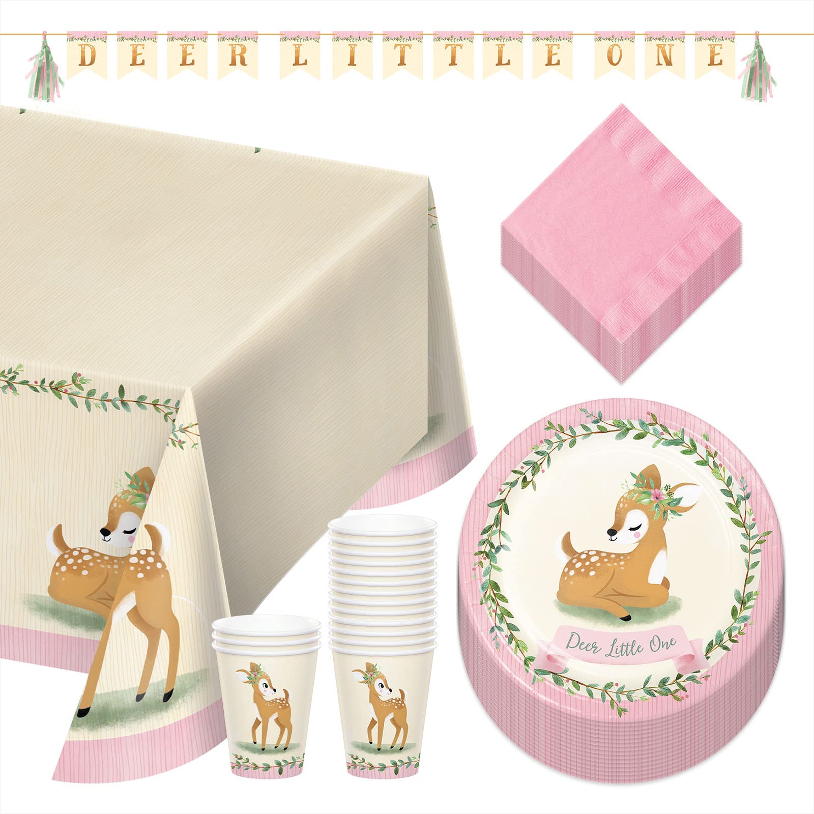 Deer Little One Party Pack - Woodland Floral Paper Dessert Plates, Napkins, Cups, Table Cover & Tassel Banner Set for 16 Guests | Baby Shower, First Birthday, Woodland Theme Party Decorations
