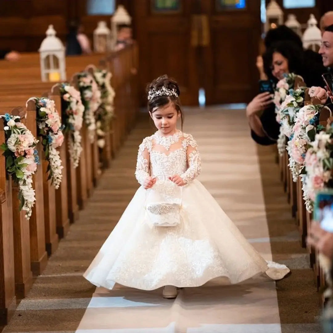 Vintage Flower Girl Dress with Bow - Elegant Ball Gown for Weddings, Parties & Special Occasions