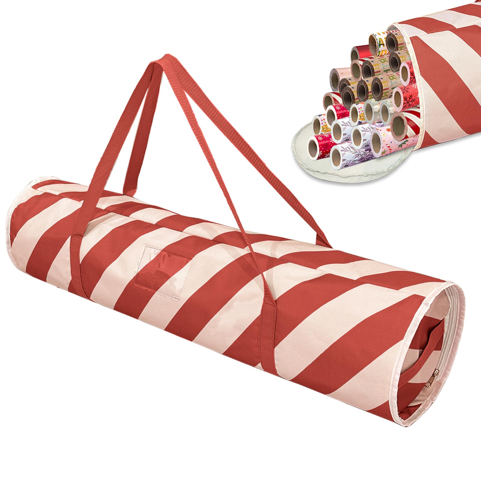 Premium Christmas Wrapping Paper Organizer - Gift Wrap & Holiday Decorations Storage Bag with Round Red Stripe Design - Perfect for Organizing Xmas, Birthday & Party Supplies (Ideal for Home, Office & Craft Room Organization)