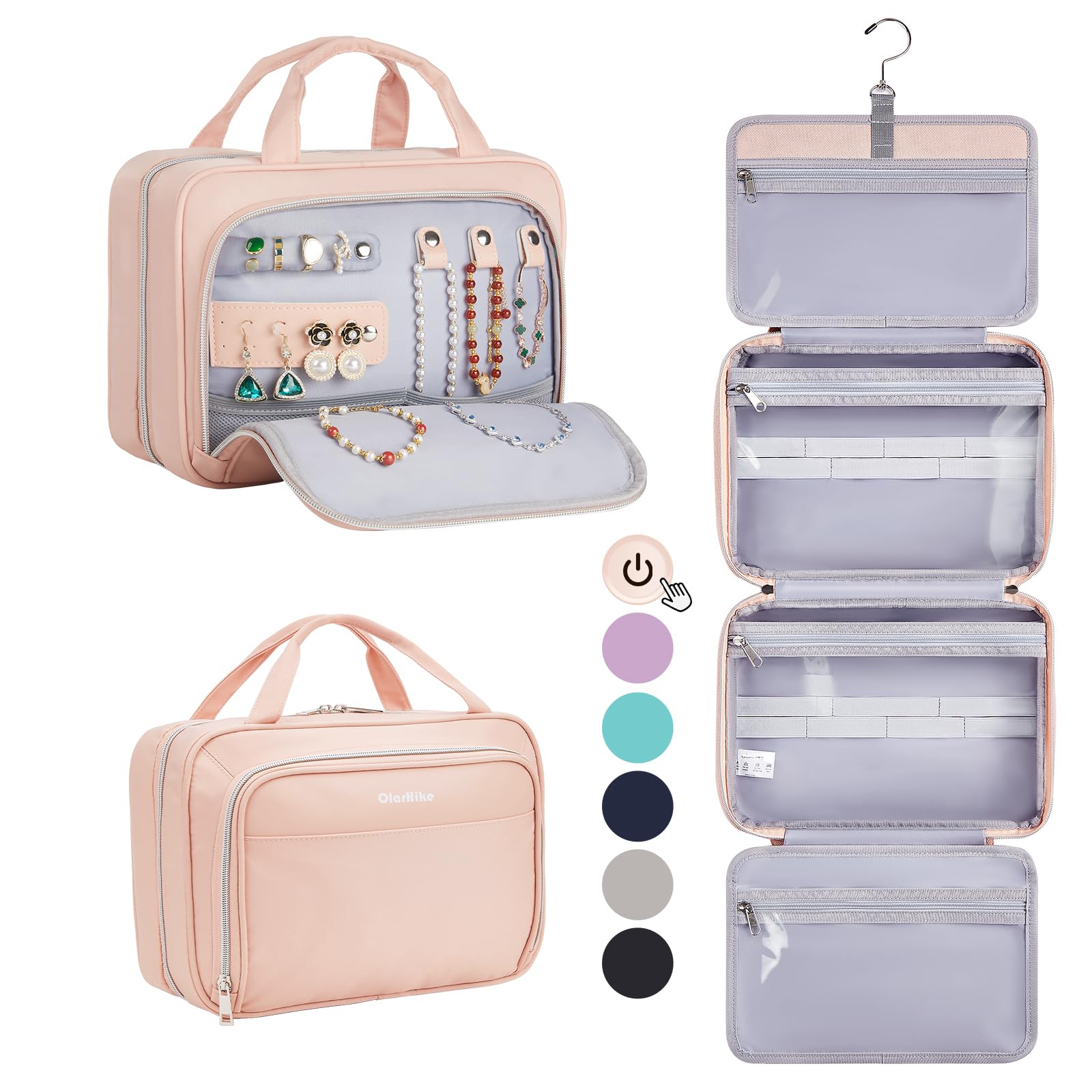 OlarHike Hanging Travel Toiletry Bag for Women - Waterproof Portable Makeup Organizer with Jewelry Storage, 3-in-1 Cosmetic Bag for Cruise Essentials & Travel Accessories (Medium, Pink) - Perfect for Vacations, Business Trips & Weekend Getaways