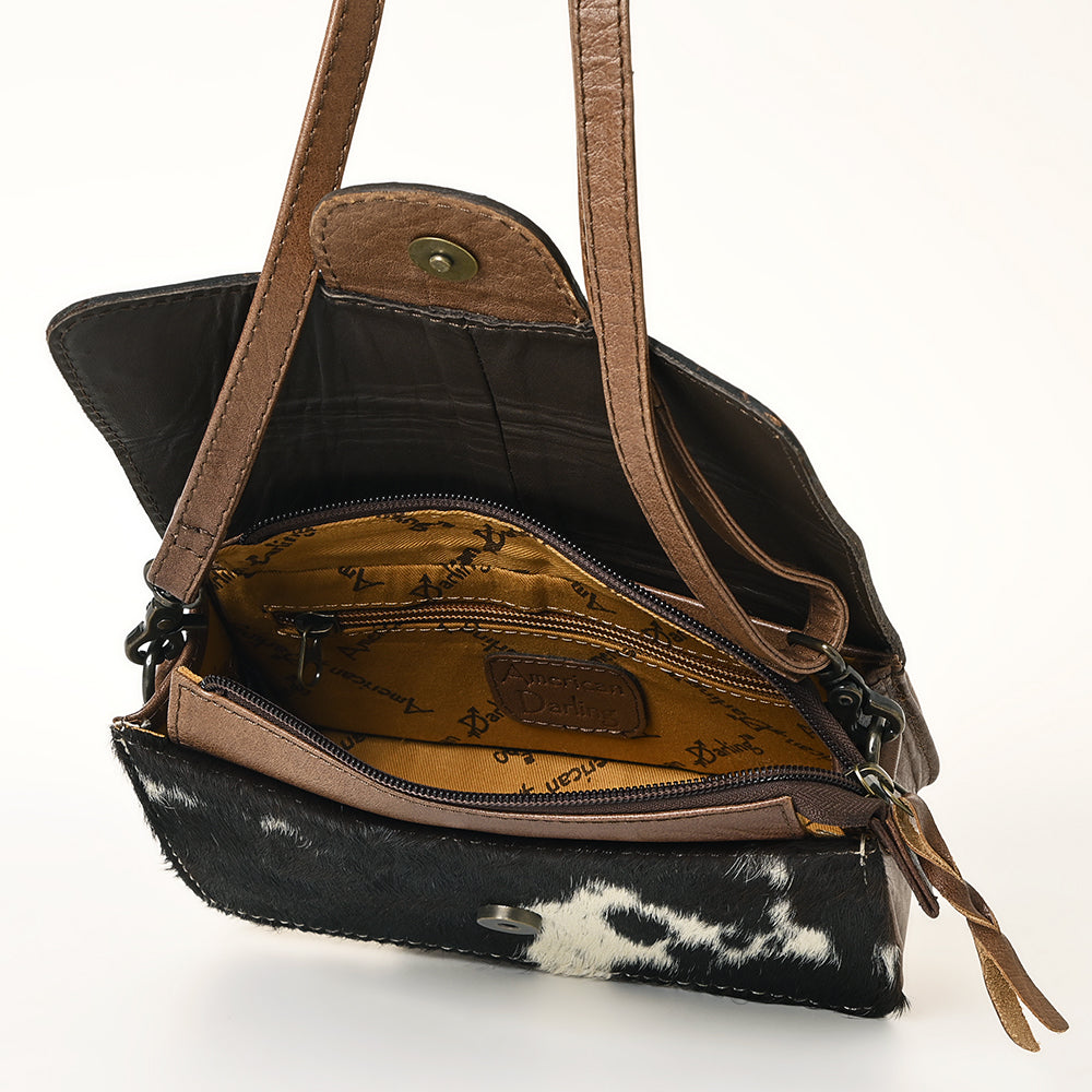 ADBG681A Genuine Leather Women's Western Handbag - American Darling Hand-Tooled Hair-On Cowhide Purse for Country Rodeo & Everyday Use