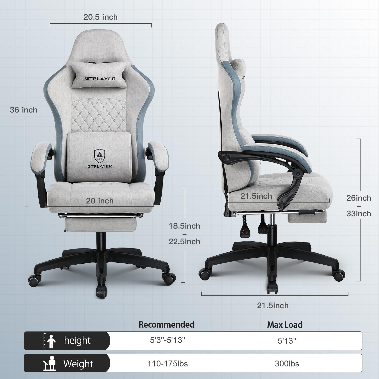 GTPLAYER Ergonomic Gaming Chair with Pocket Spring Cushion, Adjustable Lumbar Support & Footrest - High Back Office Computer Chair for Home & Work - Comfortable Desk Chair for Long Hours Gaming & Working (Grey)