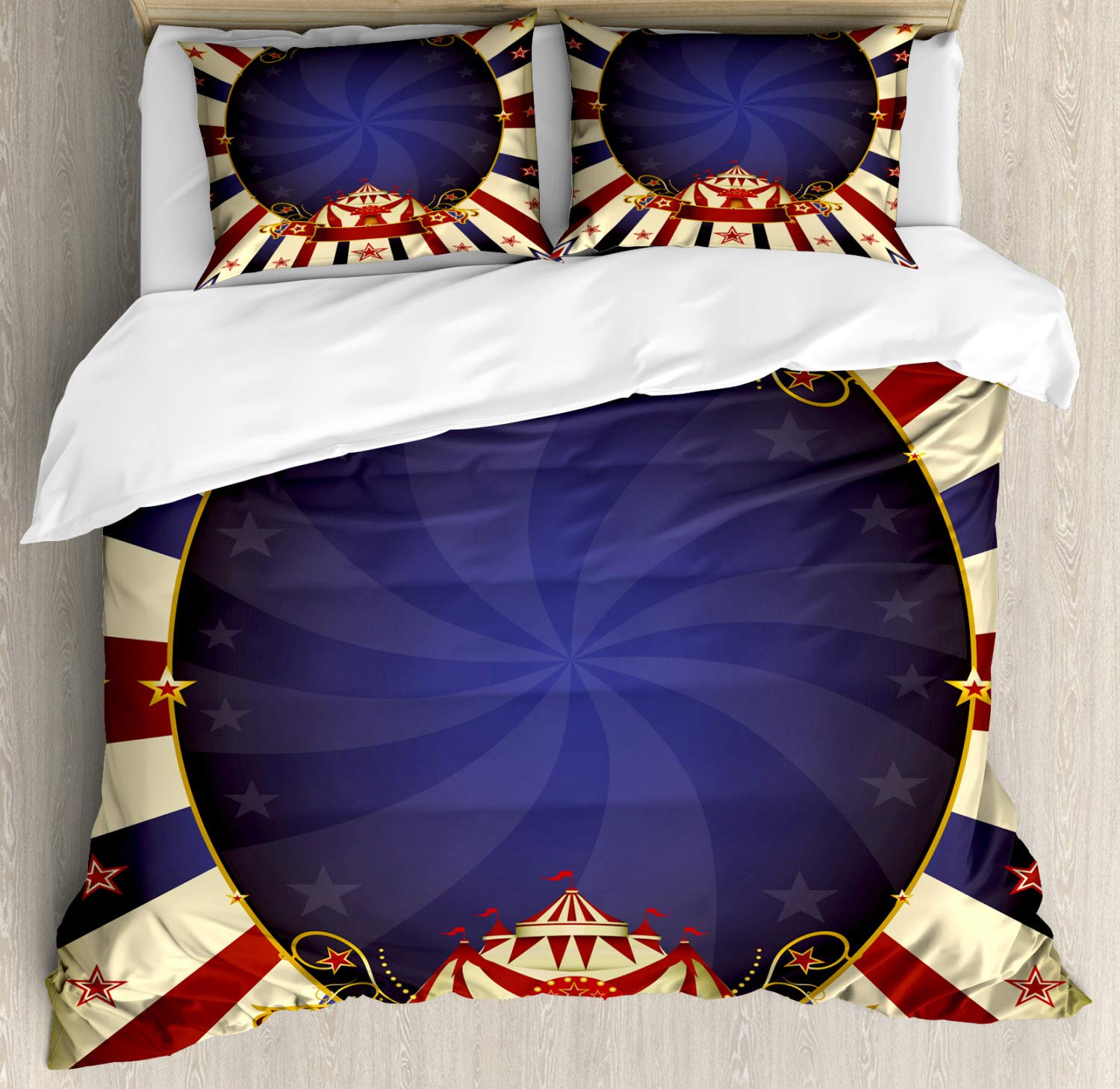 Ambesonne Vintage Circus Theme Duvet Cover Set - Queen Size 3-Piece Bedding with Pillow Shams | Retro Carnival Tent Design in Pale Yellow & Navy Blue | Perfect for Bedroom Decor, Guest Rooms & Themed Events
