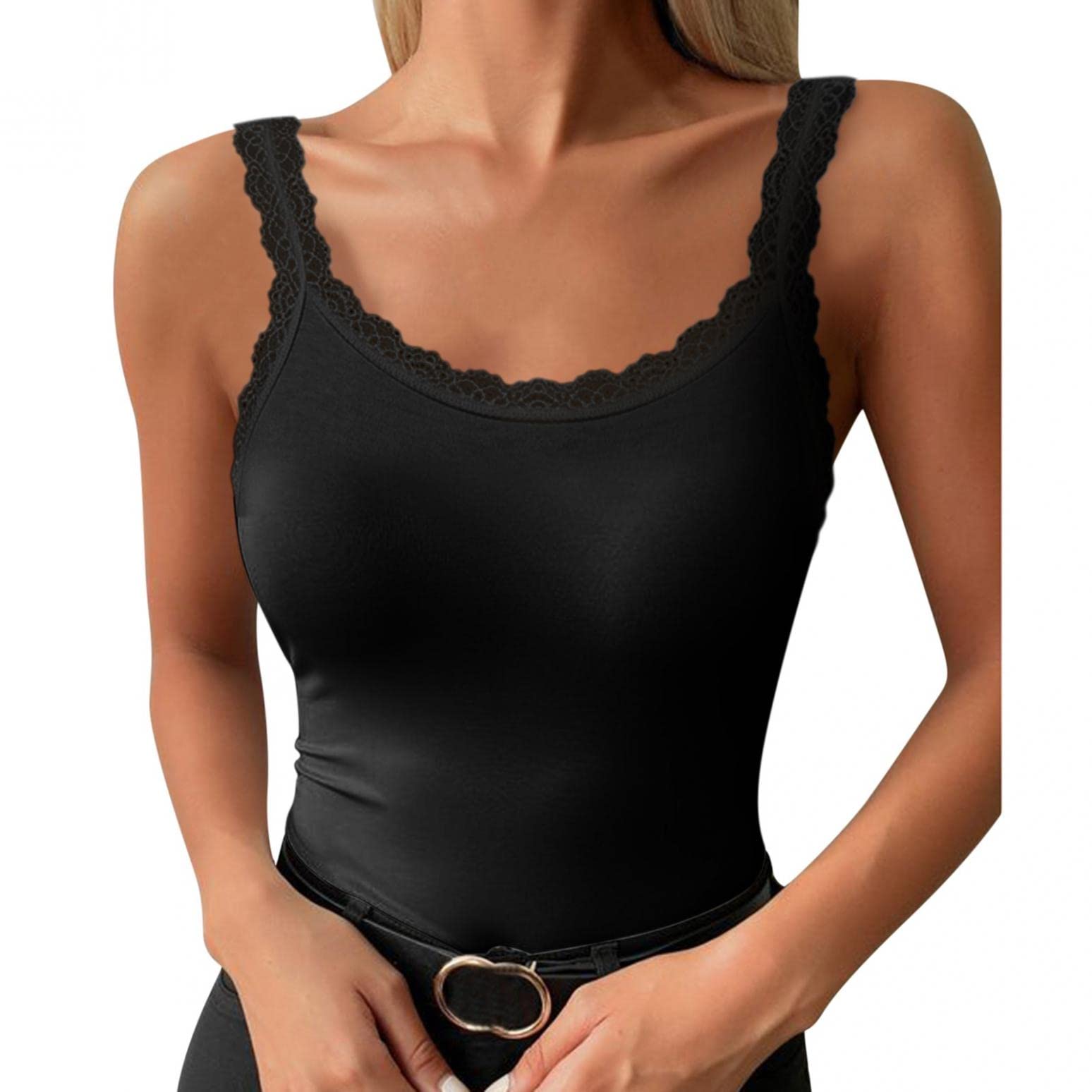 Women's Slim Fitted Solid Color Skinny Lace Strap Vest - Sexy Sleeveless Underwear Tank Top Blouse for Date Night, Club Wear & Casual Outfits | Black Bodycon Tee with Spaghetti Straps