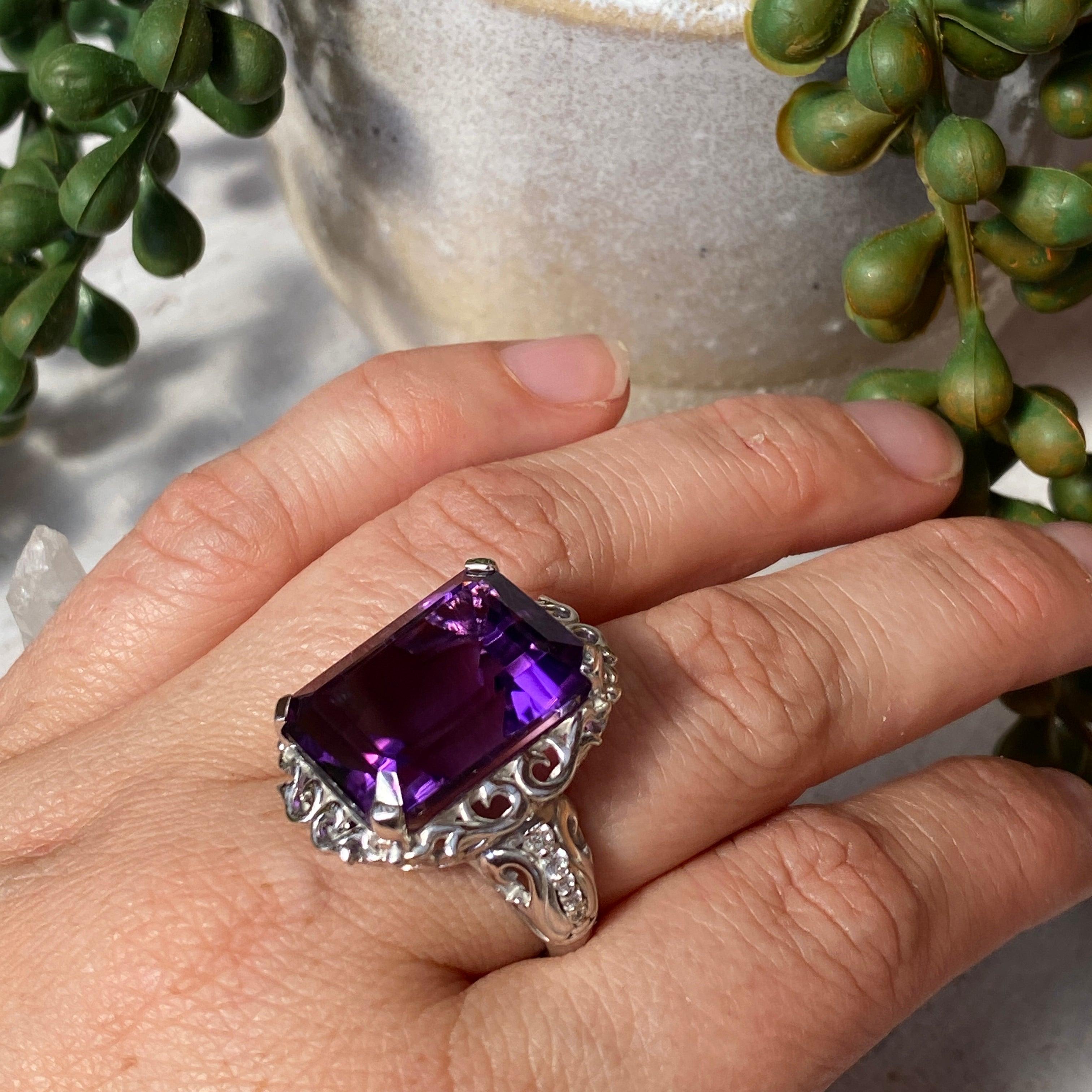 Amethyst Emerald Cut Ring with CZ Accents - Size 8 - HRGJ 35 - Elegant Jewelry for Women, Perfect for Weddings, Anniversaries & Special Occasions