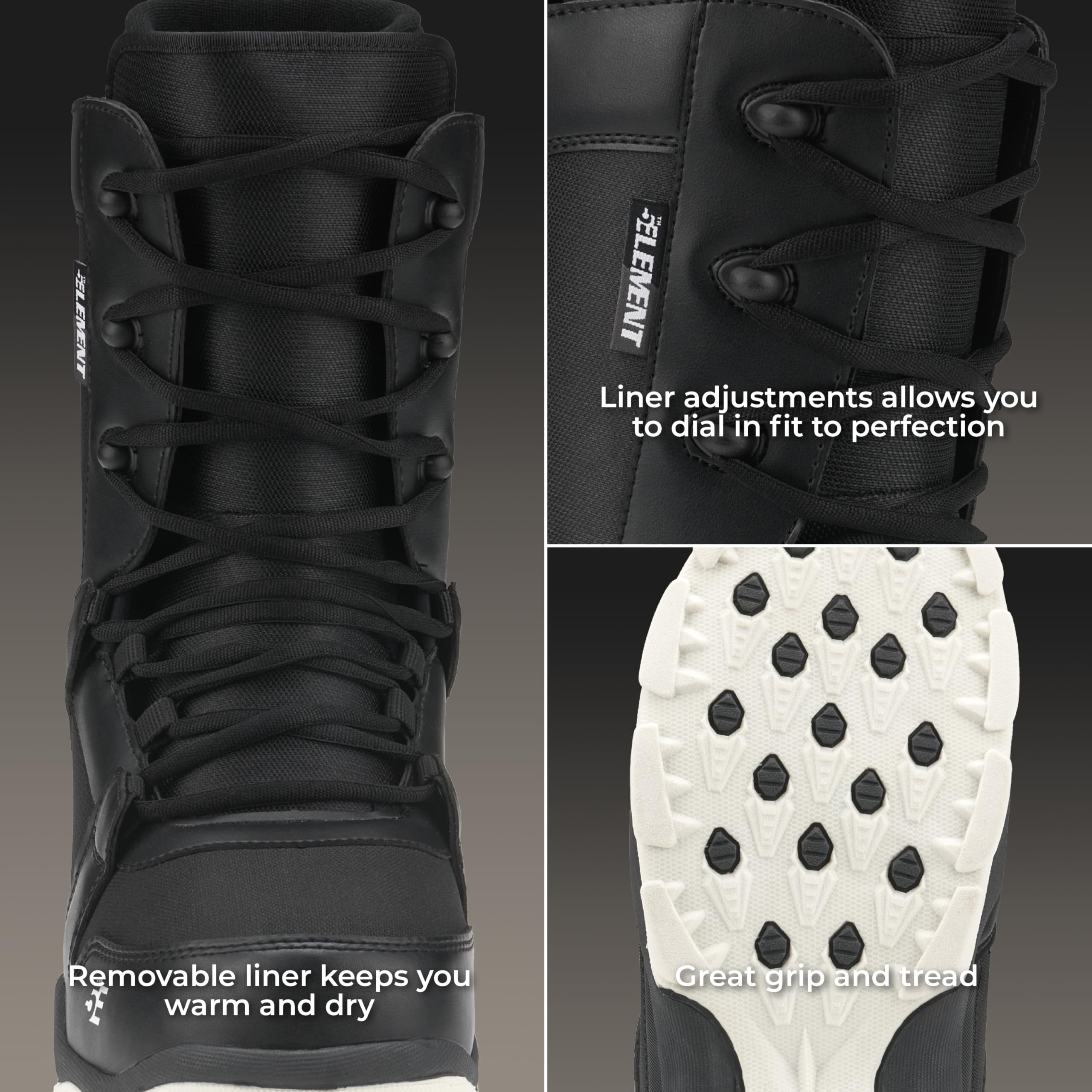 5th Element ST Lace and Dial Snowboard Boots for Men - Black | Waterproof | All Mountain Snowboarding | Compatible with Strap Bindings | Size 8-13 | Perfect for Freeride & Park Snowboarding Adventures