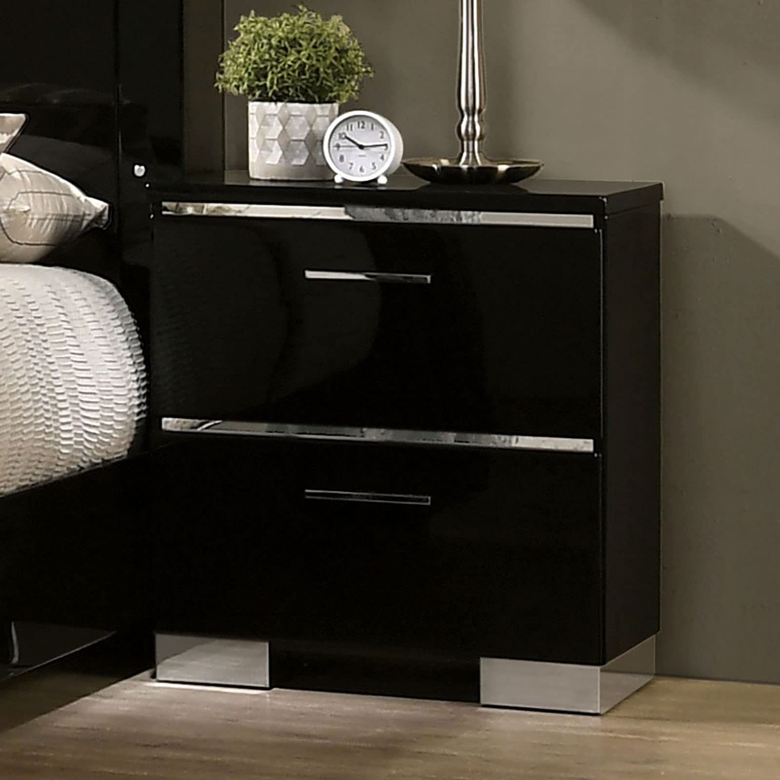 Black 2-Drawer Nightstand with Chrome Handles & Feet - Modern Bedside Table for Bedroom, Living Room, or Office Storage