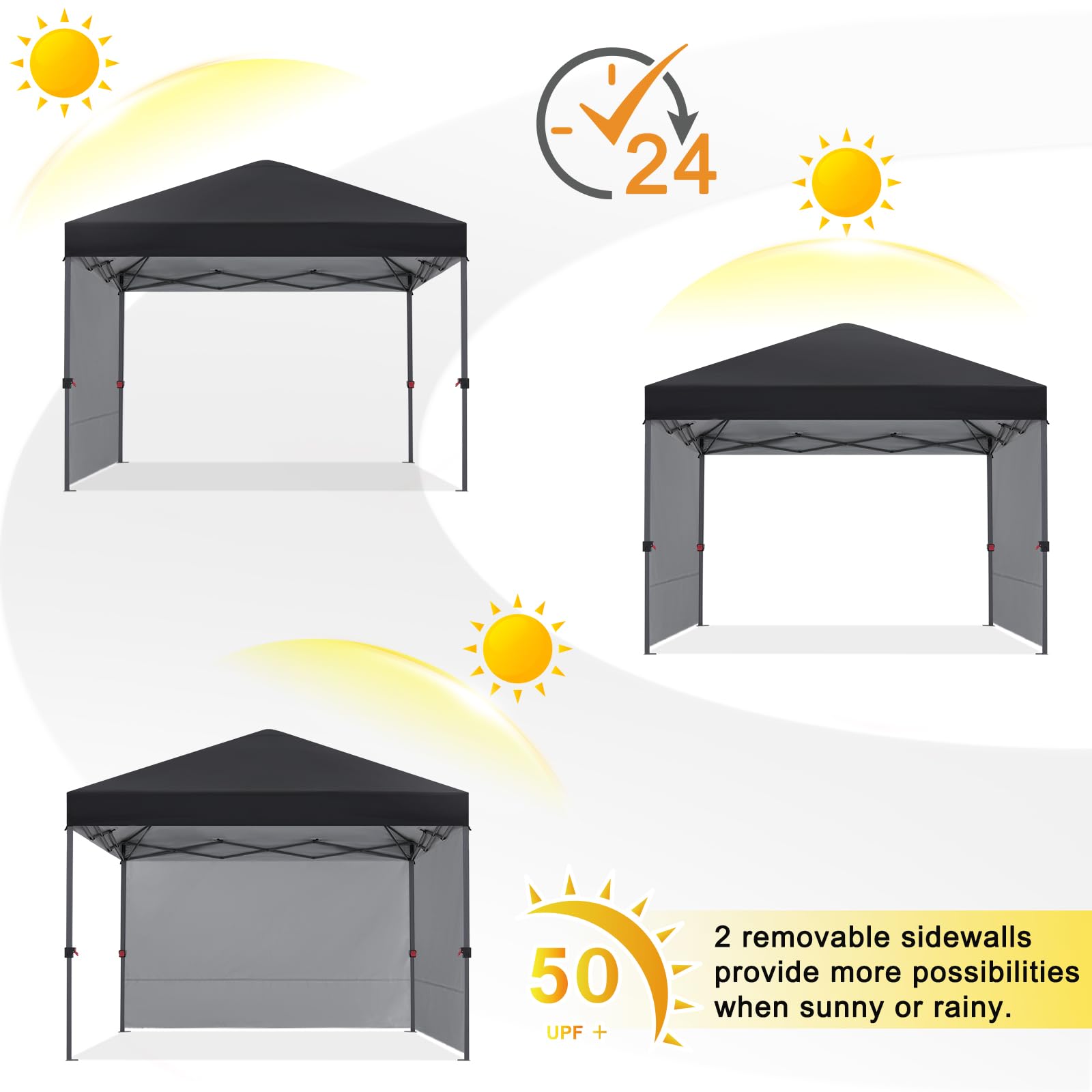 COOSHADE 8x8 Pop Up Canopy Tent with 2 Sidewalls - Instant Outdoor Shade Shelter for Camping, Beach, Picnics & Backyard Parties (Black)