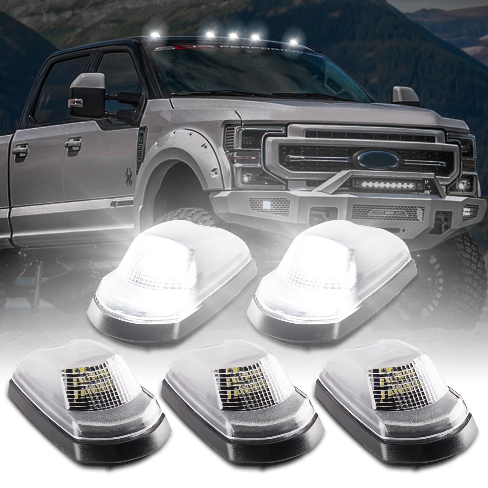POPMOTORZ 5PCS White LED Cab Roof Lights - Compatible with 2017-2022 Ford F250 F350 F450 F550 Super Duty, Clearance & Marker Lamps for Truck Roof - Perfect for Night Driving, Off-Roading & Enhanced Visibility