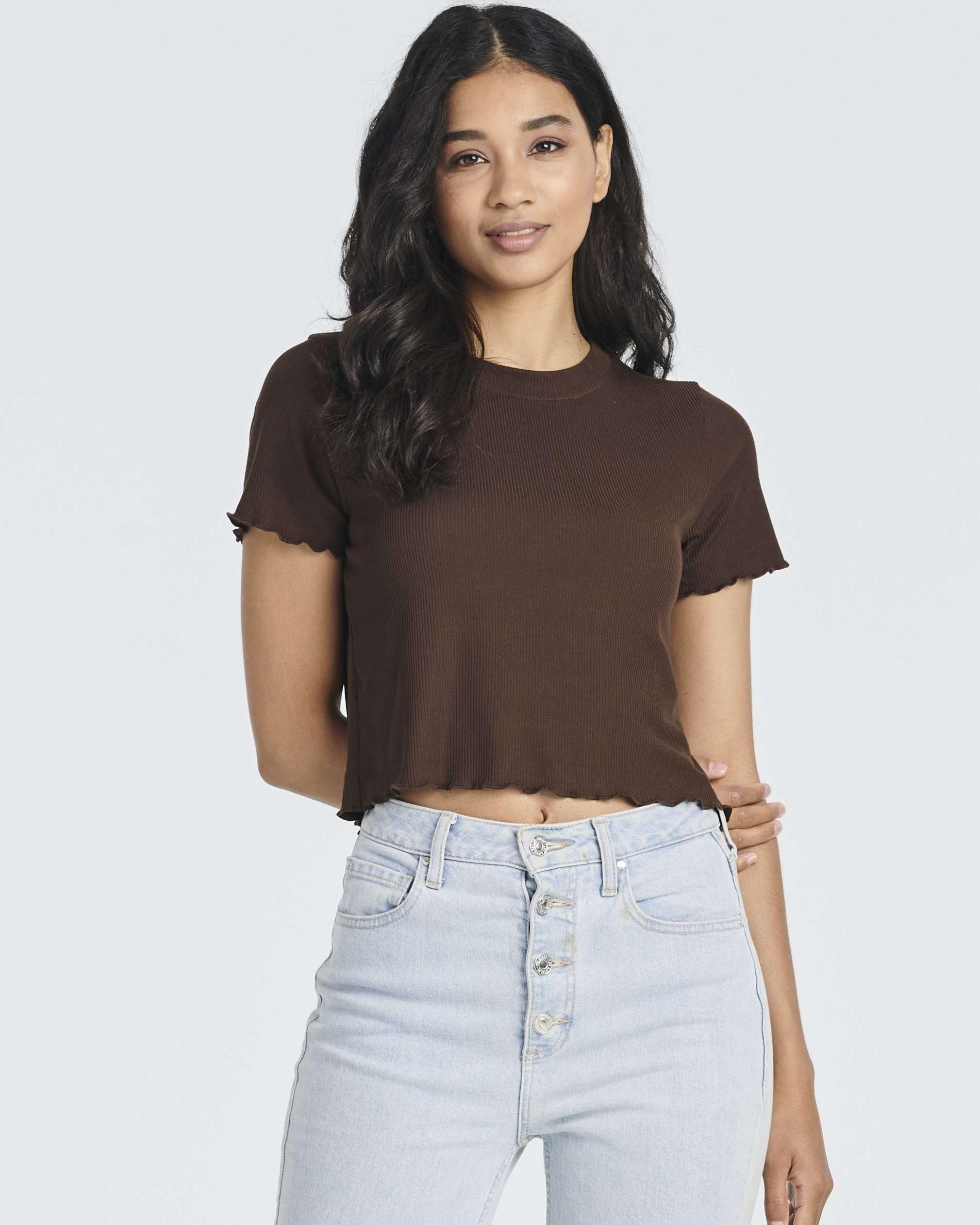 Real Essentials 4 Pack Women's Lettuce Trim Ribbed Knit Short Sleeve Crop Tops - Casual Summer Shirts for Going Out, Beach, Yoga & Everyday Wear