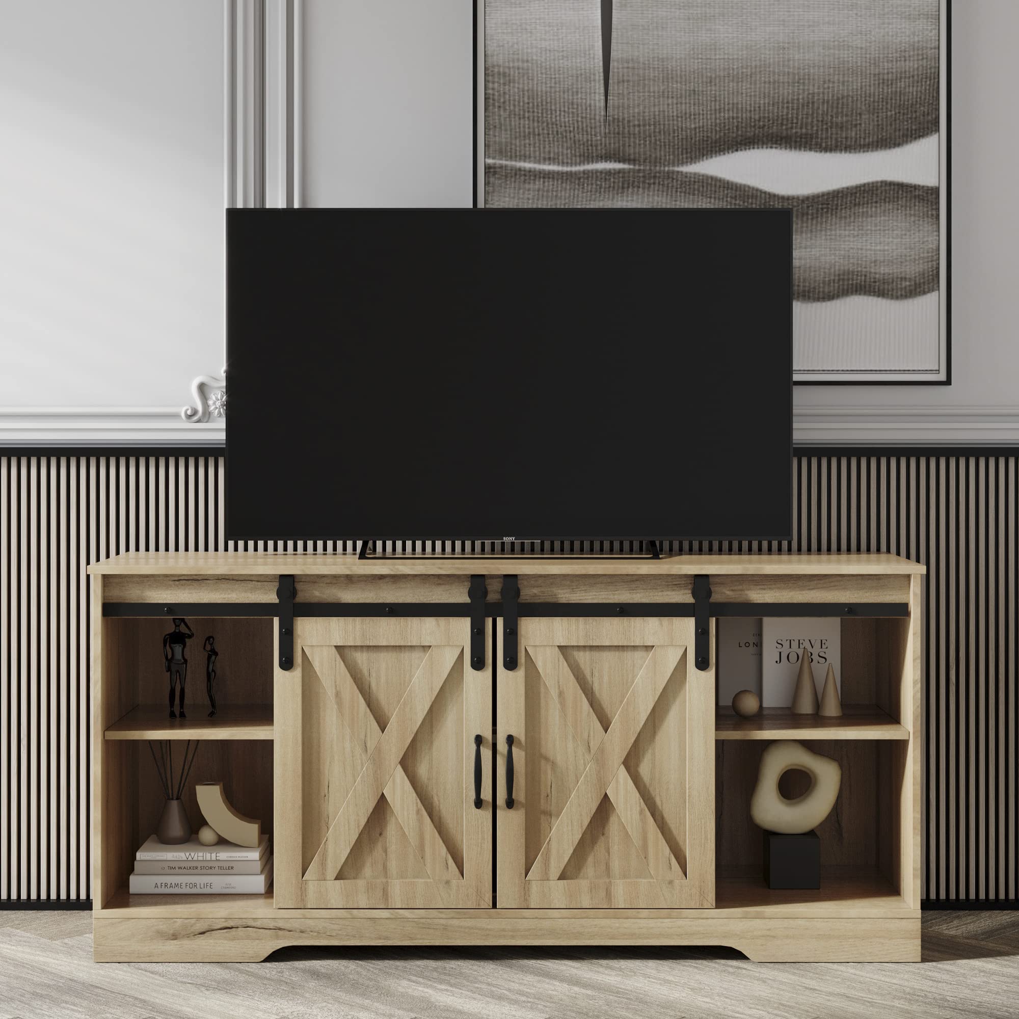 Farmhouse Sliding Barn Door TV Stand for 65 Inch TVs - Rustic Dark Oak Wood Media Console with 2-Tier Shelves - Modern Entertainment Center for Living Room, Bedroom & Home Theater Storage Solution