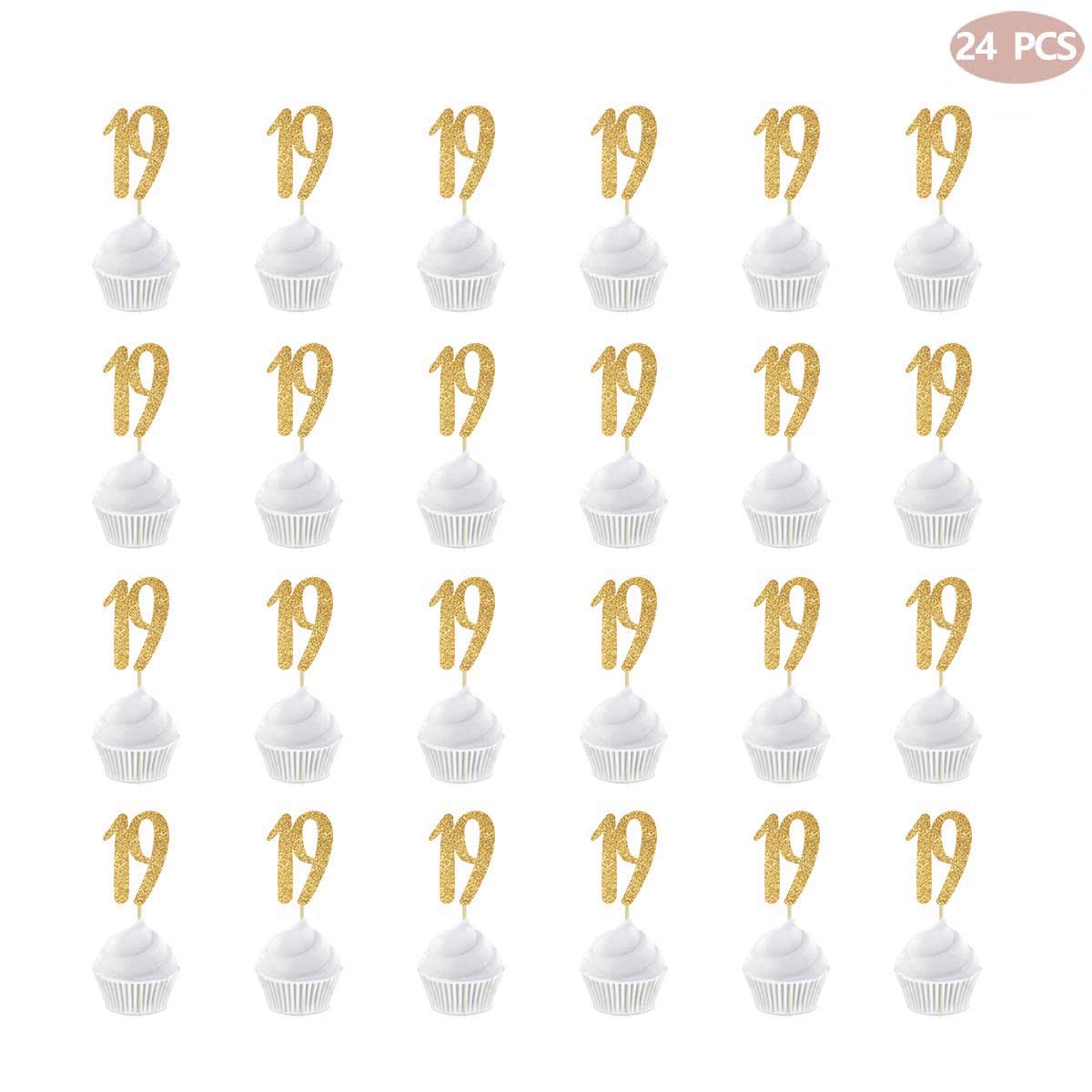 24-Pack Gold Happy 19th Birthday Cupcake Toppers - Glitter Number 19 Party Decorations for Teen Birthday Cakes & Cupcakes