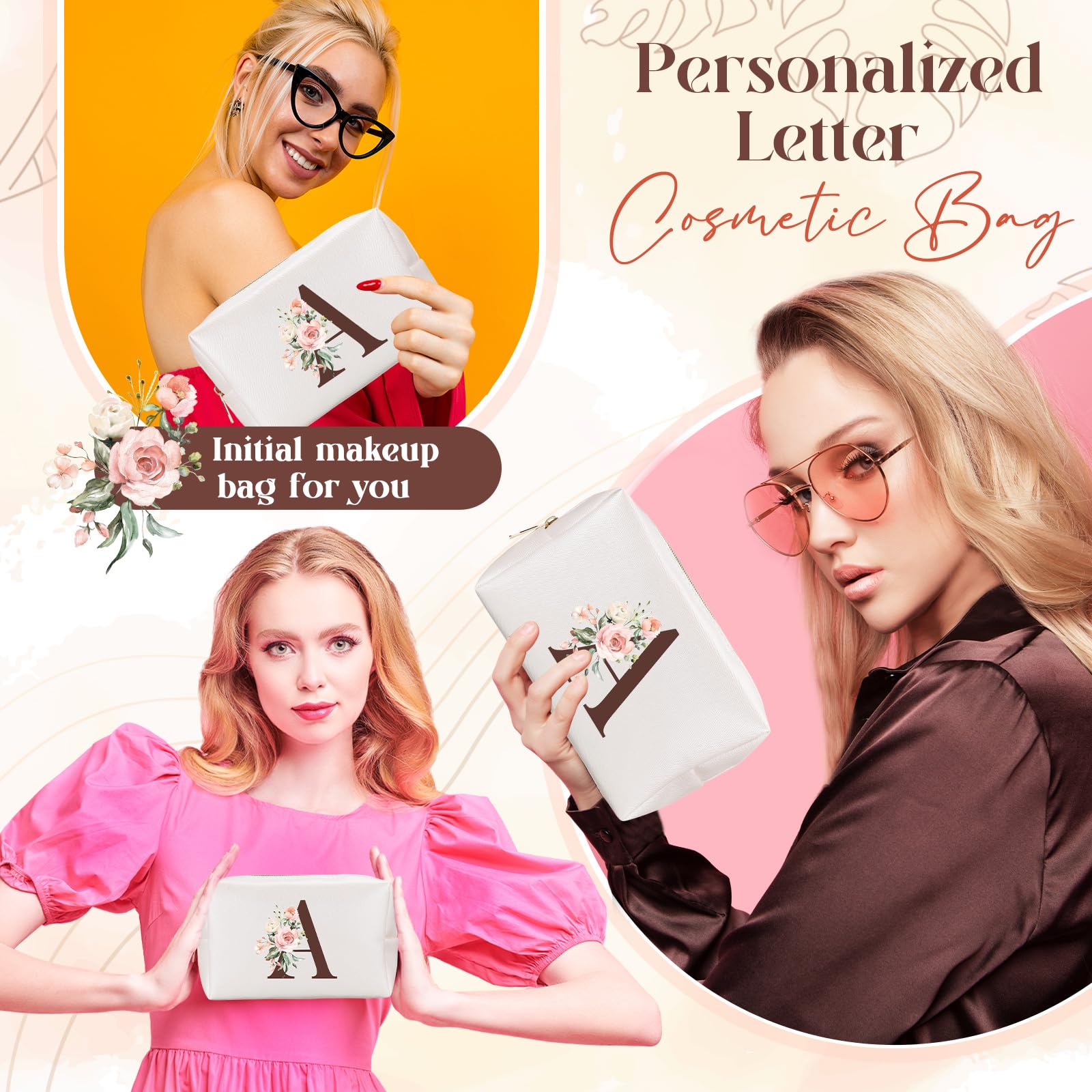 Personalized Monogram Makeup Bag with Initial - Custom Letter A Cosmetic Pouch for Women & Teens | Perfect for Travel, Gym, Birthday, Mother's Day & Graduation Gifts | Trendy Preppy Accessory for Girls