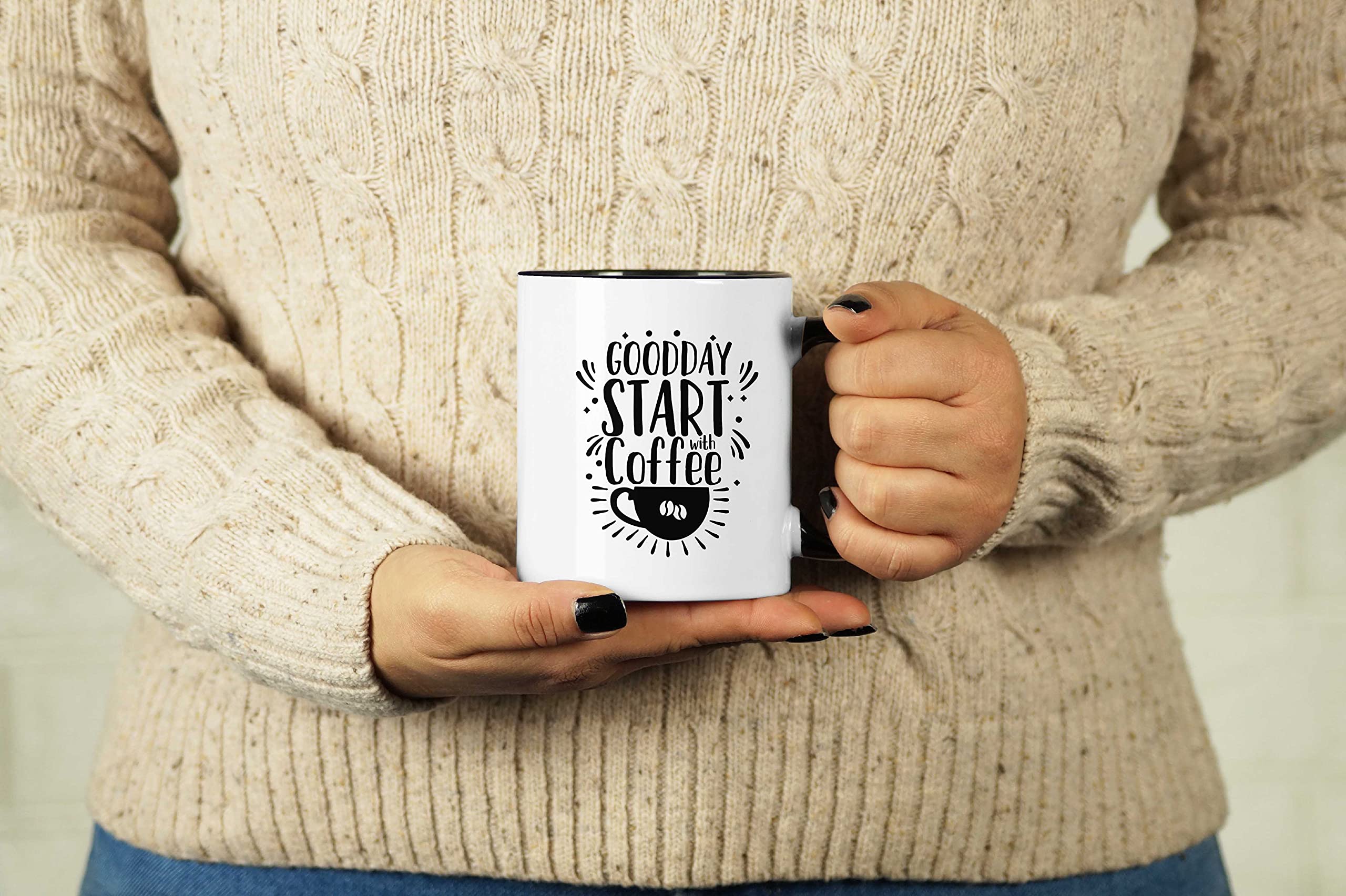 Goodday Start with Coffee - 11 Oz Ceramic Coffee Mug, Perfect Gift for Coworkers, Boss & Coffee Lovers - Black | Ideal for Office, Home & Daily Coffee Rituals