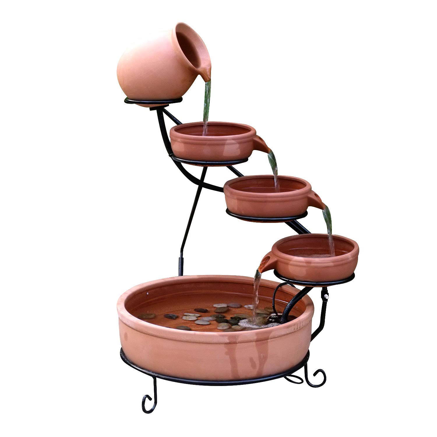 5-Tier Solar Water Fountain with Ceramic Bowls & Iron Frame - Cascading Garden Decoration for Birds - Includes Solar Panel Pump, Battery & LED Lights (Terracotta) | Perfect for Outdoor Patio, Yard Decor & Bird Bathing Spot
