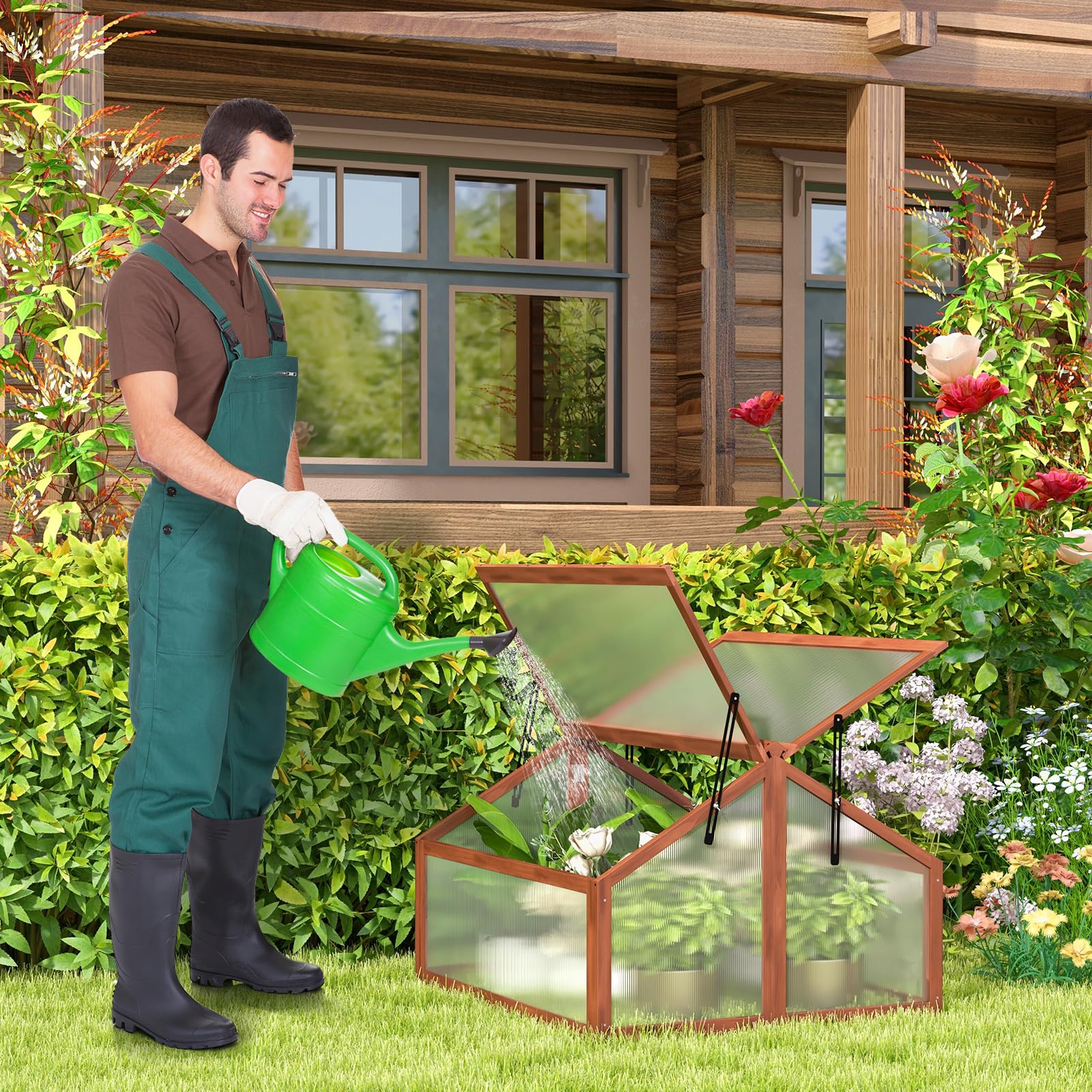 GRAFFY Wooden Garden Cold Frame - Portable Mini Greenhouse Kit with Foldable Top | Raised Plant Bed Protector for Outdoor Gardening | Perfect for Porch, Backyard & Balcony Use | Natural Wood (GT3568)