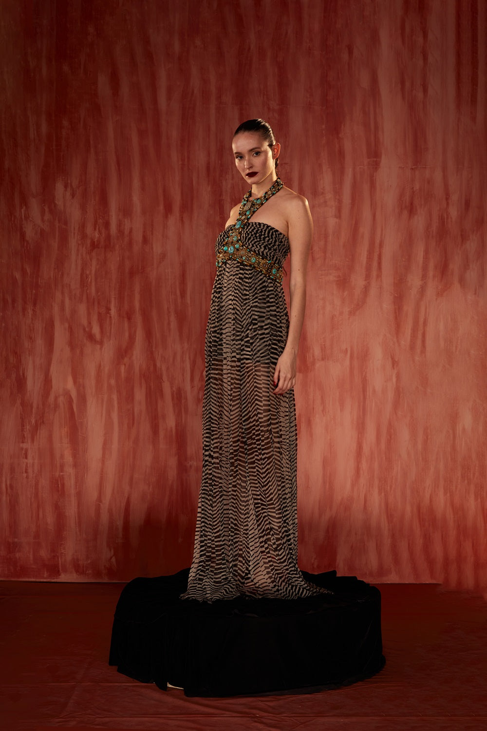 Elegant Black & White Byzantine Halter Neck Dress with Gold Jeweled Hand Embroidery - Perfect for Evening Parties, Weddings & Special Occasions