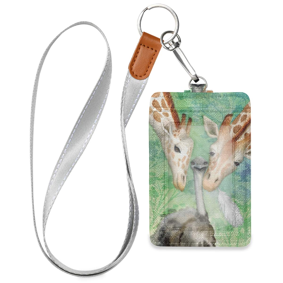 ZAAEO PU Leather Giraffe & Ostrich Animal ID Badge Holder with Lanyard - Credit Card Case for Students, Teachers & Office Workers - Perfect for School, Work & Events