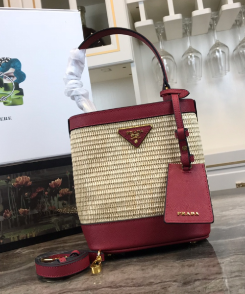 Prada Panier Medium Straw Handbag - Red Woven Tote for Women | Summer Beach Bag, Boho Chic Accessory, Fashionable Everyday Carry