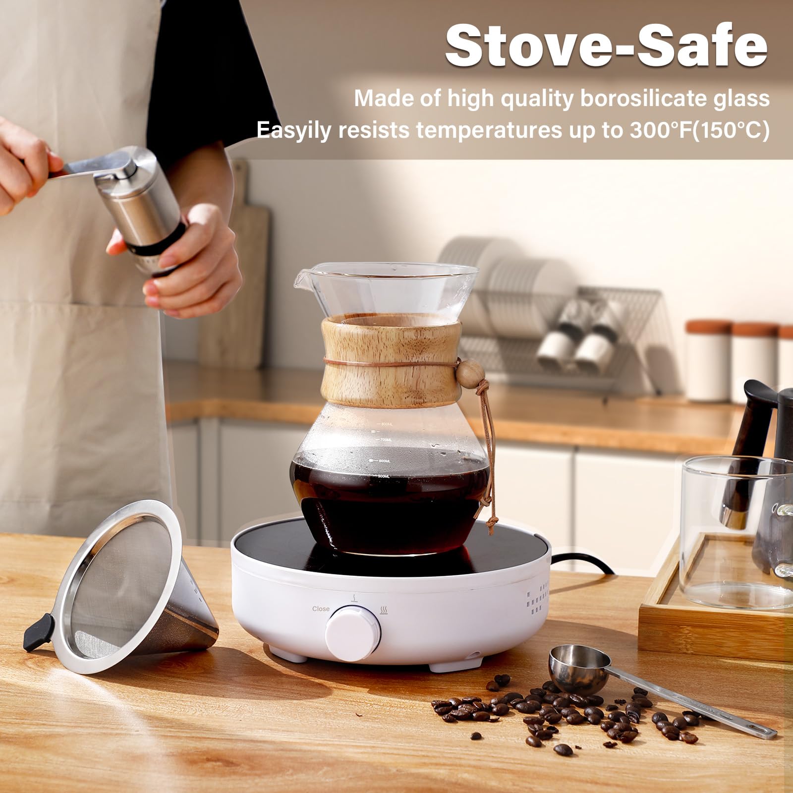 Premium Pour Over Coffee Maker with Double Layer Stainless Steel Filter - 28oz/800ml Glass Coffee Dripper Brewer, Heat Resistant Carafe & Wooden Collar - Perfect for Home, Office, Camping & Gift Giving