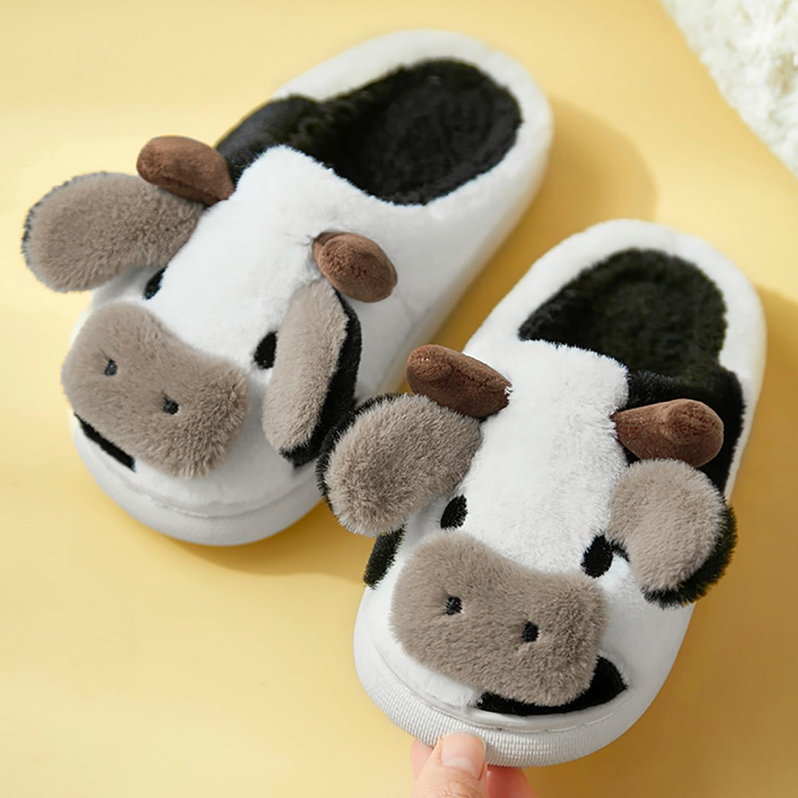 Momolaa Kids Cartoon Cow Cotton Slippers - Soft Fuzzy Indoor/Outdoor House Shoes for Boys & Girls - Warm Winter Bedroom Slippers for Home, School & Playtime