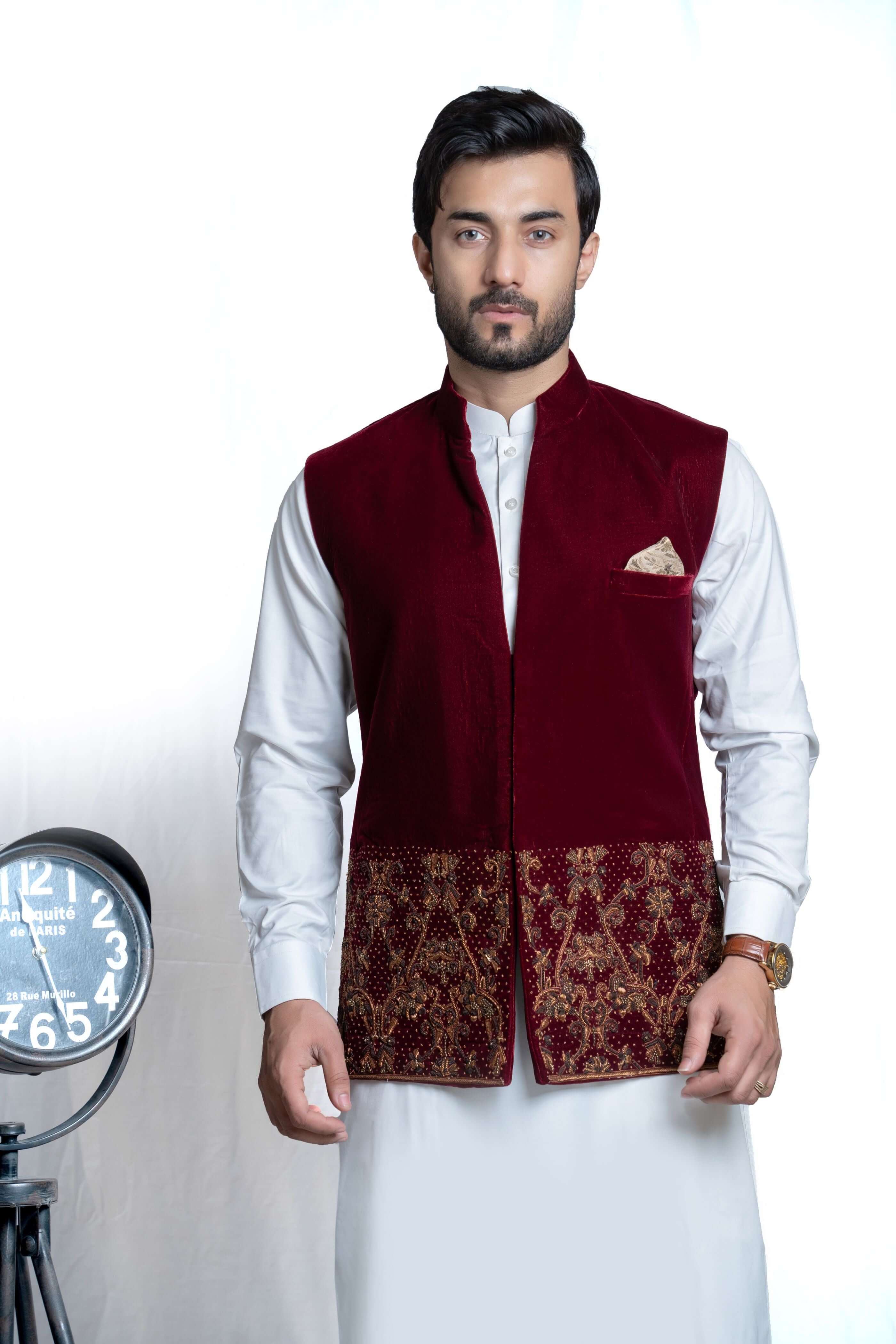 Deep Maroon Velvet Waistcoat with Gold Zardozi Embroidery - Elegant Formal Vest for Weddings, Parties & Special Occasions