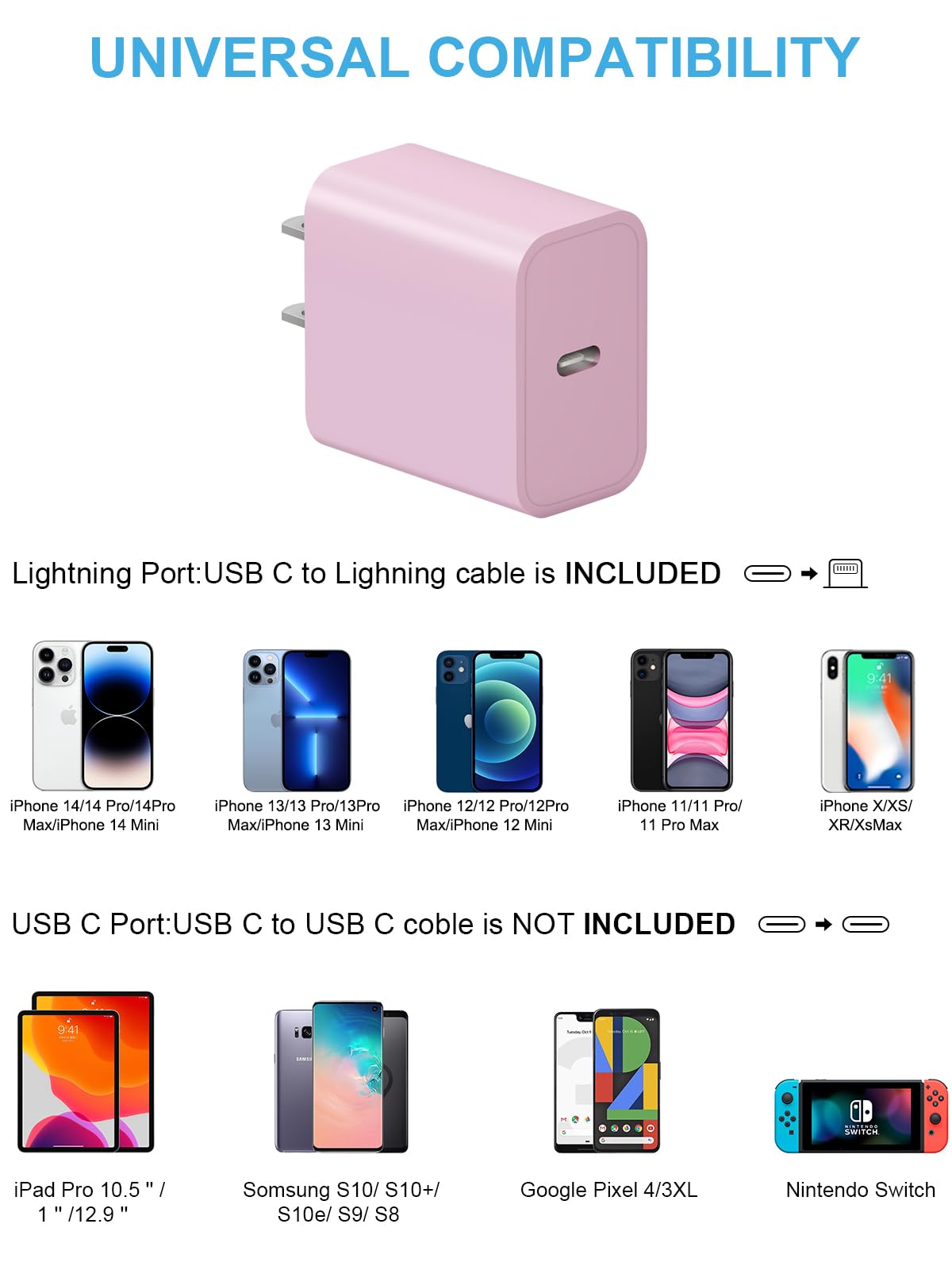 20W PD Fast Charger with 6FT USB-C Cable - Compatible with iPhone 14/13/12/11/X, iPad Pro/Air/Mini - Pink Wall Charger for Quick Charging at Home, Office & Travel