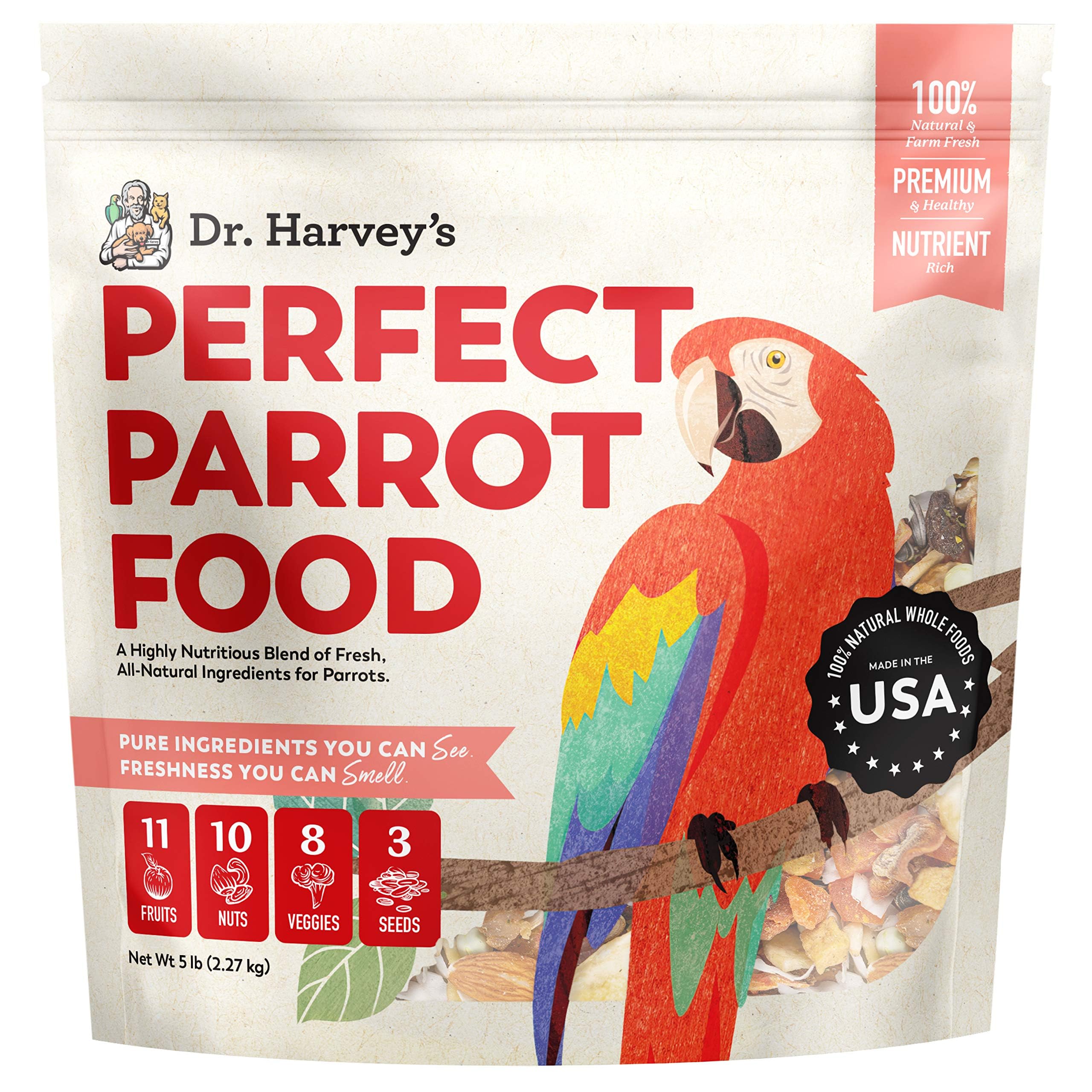 Dr. Harvey's Perfect Parrot Blend - 100% Natural Bird Food for Large Parrots (5lb) | Premium Nutrition for Macaws, Cockatoos & African Greys | Cage Feeding & Training Treats