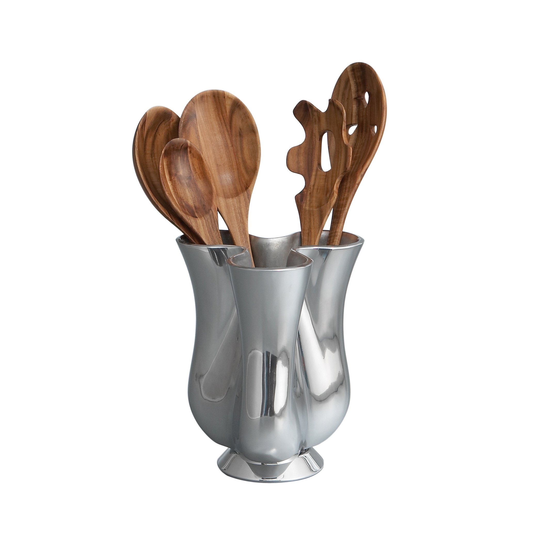 Nambe Tulip Tool Jug with 5-Piece Kitchen Utensil Set | Premium Countertop Utensil Holder with Wooden Spoons & Tools | Durable Nambe Alloy & Acacia Wood Construction | Perfect for Cooking, Baking & Kitchen Organization
