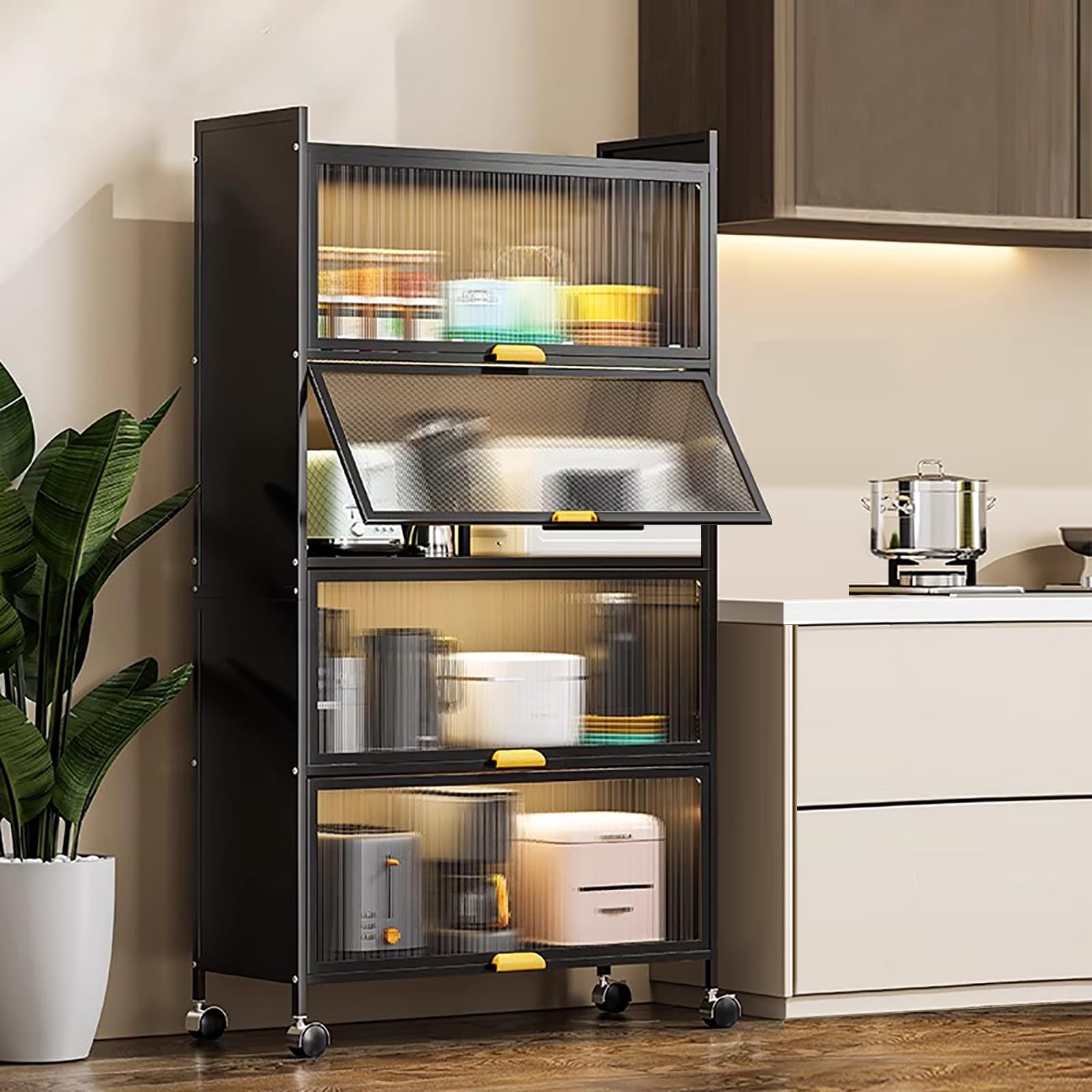 5-Tier Kitchen Storage Cabinet with Transparent Flip Door & Wheels - Bakers Rack, Microwave Stand for Kitchen, Dining & Living Room - Space-Saving Organizer for Small Spaces