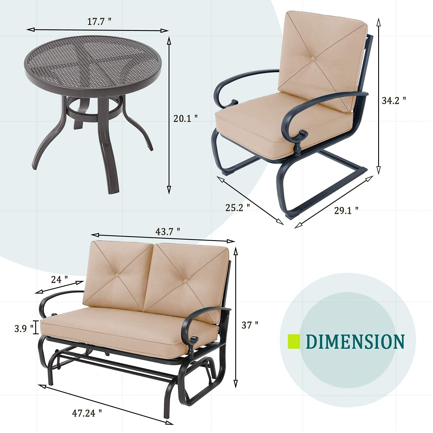 4-Piece Outdoor Wrought Iron Patio Conversation Set with Glider Loveseat, 2 Spring Chairs & Coffee Table - Brown - Perfect for Garden, Backyard, Porch or Poolside Relaxation