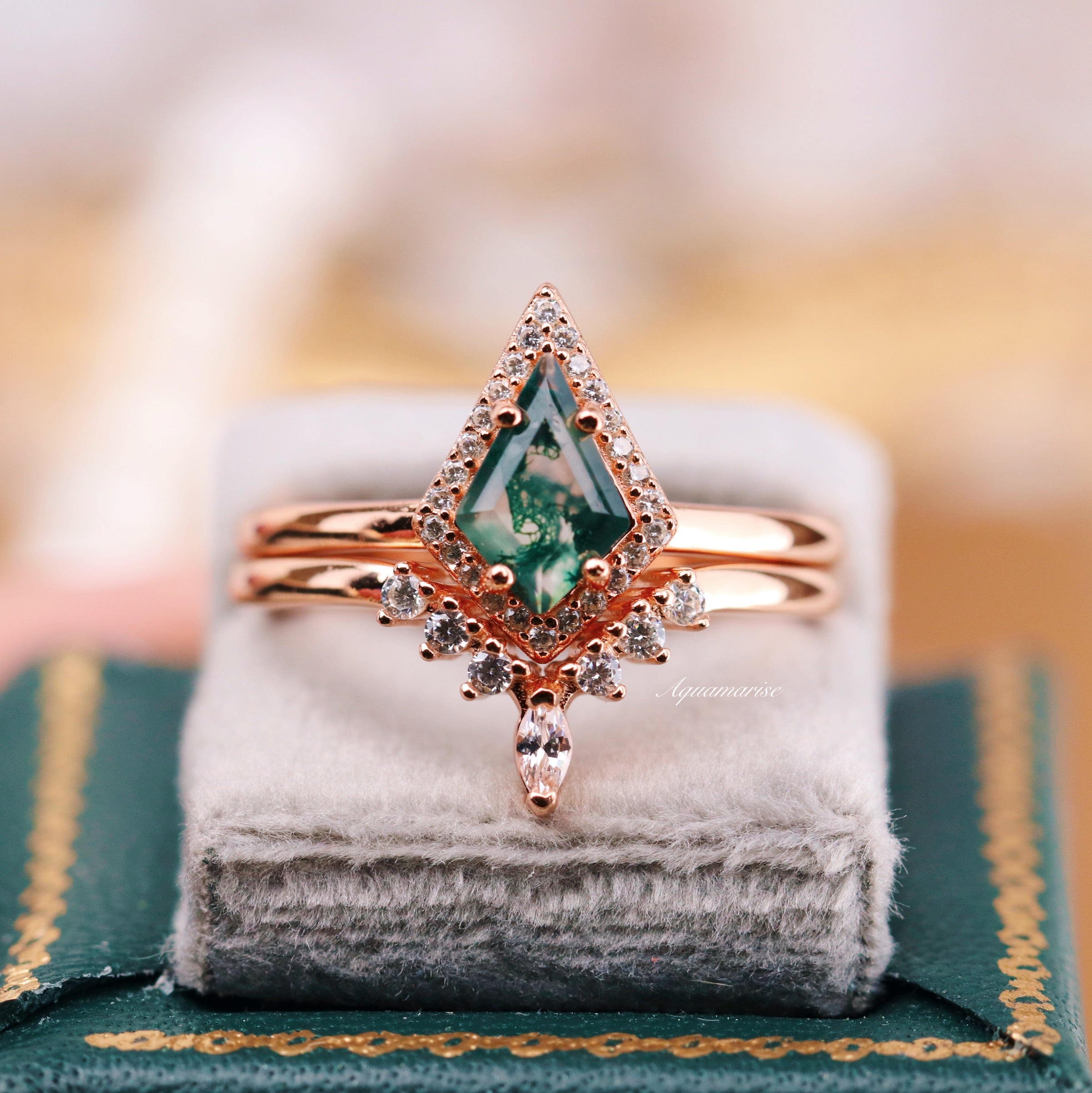 14K Rose Gold Vermeil Kite Green Moss Agate Ring Set for Women - Elegant Jewelry Gift for Birthday, Anniversary & Special Occasions