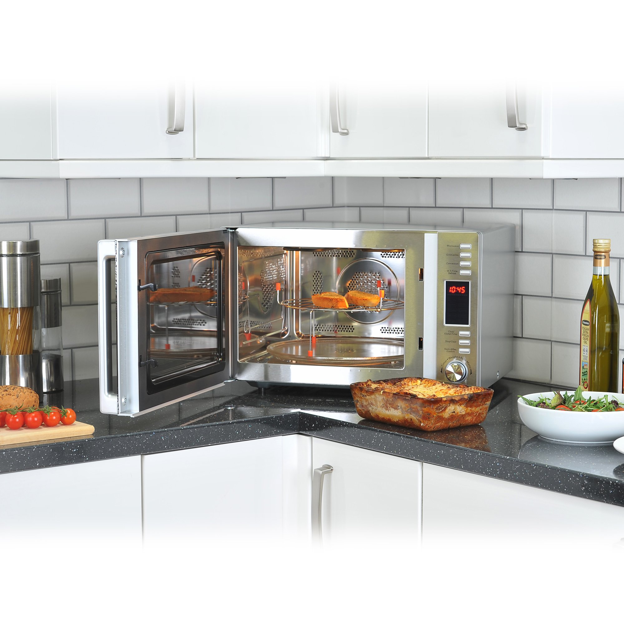 Igenix IG3091 30L Stainless Steel Digital Microwave Oven with Grill & Convection - 900W, 5 Power Levels, 10 Auto Menus, 95-Min Timer | Perfect for Baking, Grilling & Quick Meals in Small Kitchens