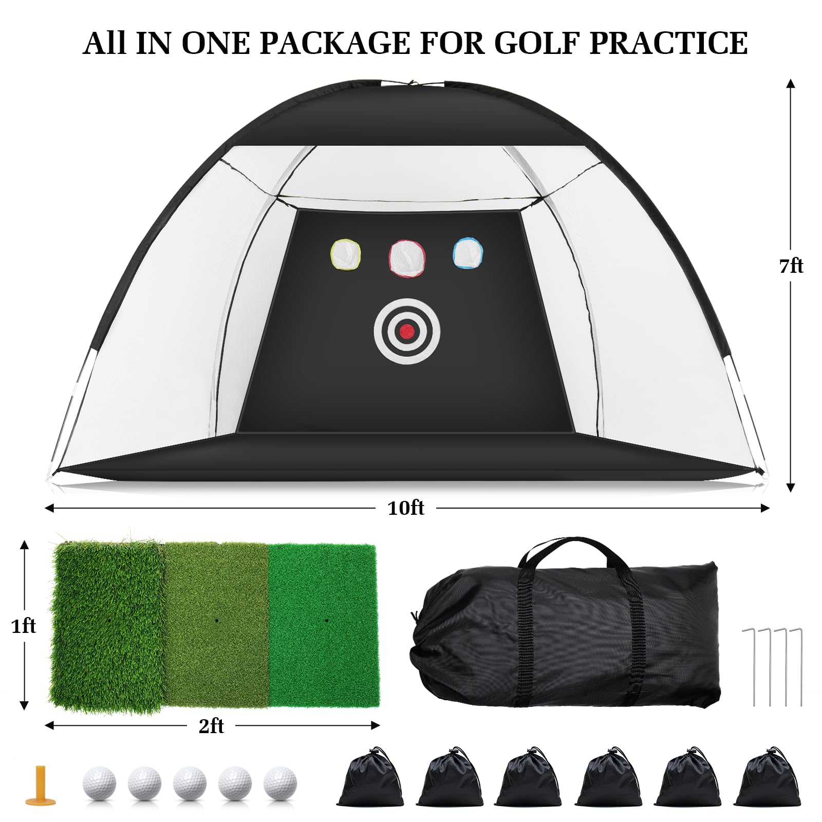 **10x7ft Golf Practice Net with Noise Reduction - Indoor/Outdoor Golf Training Aid for Backyard Driving, Chipping & Swing Practice - Includes Tri-Turf Golf Mat for Real Ball Training**    *(Perfect for Home, Backyard, Driving Range & Golf Course Practice - Enhance Skills Anywhere!)*