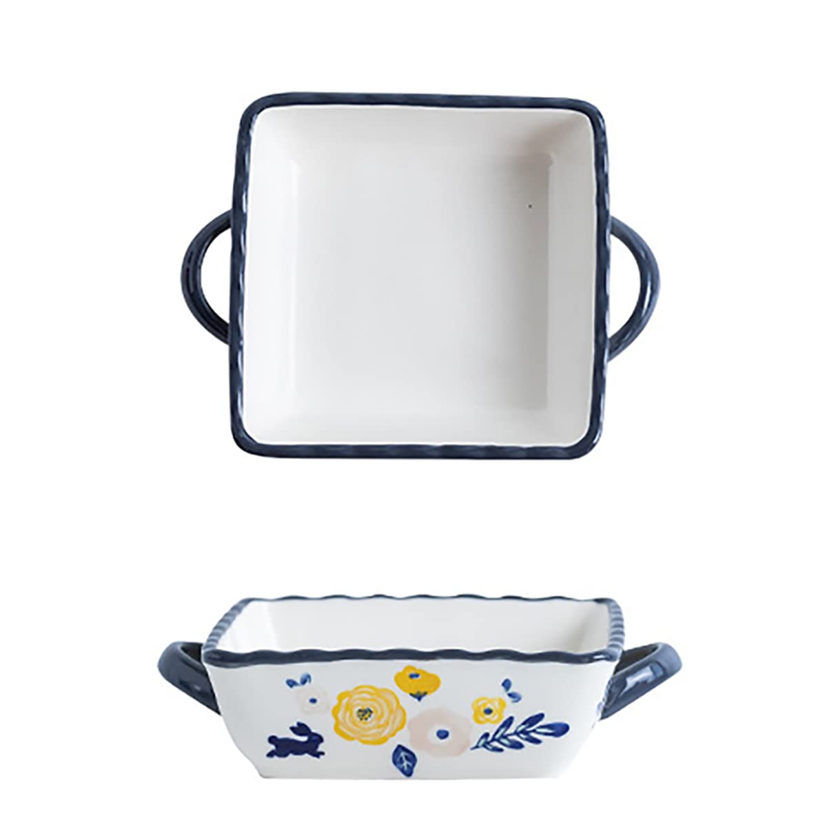 Bicuzat 8 Inch Ceramic Baking Dish with Handles - Hand-painted Floral Brownie Pan, Casserole Dish, Lasagna Pan - Oven to Table Serving Plate - Navy Blue Bakeware for Baking, Cooking & Entertaining